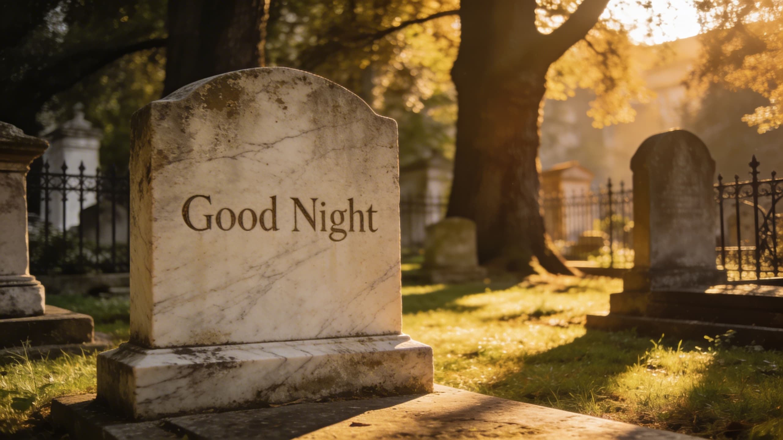 A weathered marble headstone in a historic cemetery at golden hour with soft-focus trees and green grass in the background