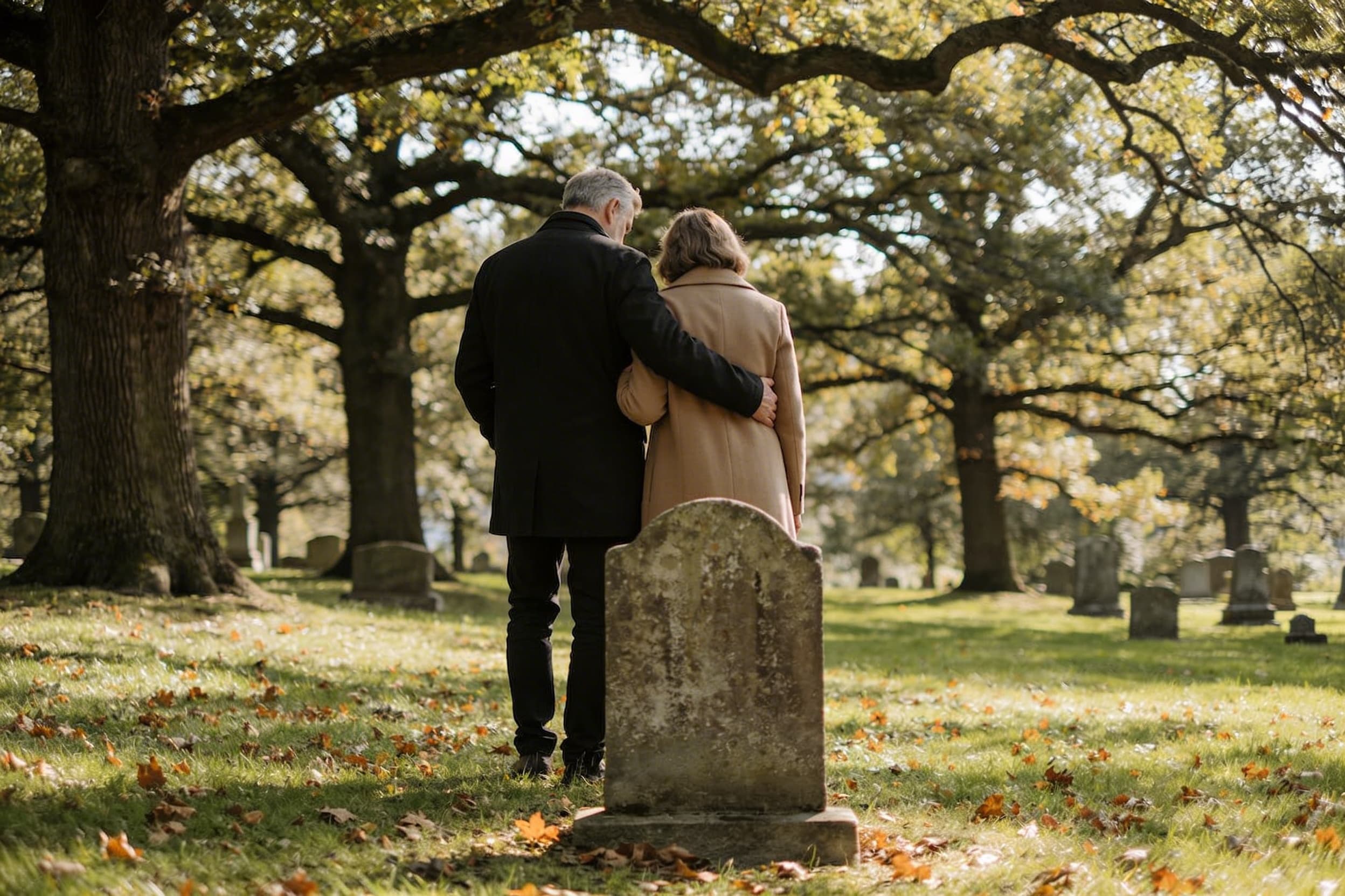 A couple standing before a historic headstone in a peaceful tree-lined cemetery reading the engraved inscription together