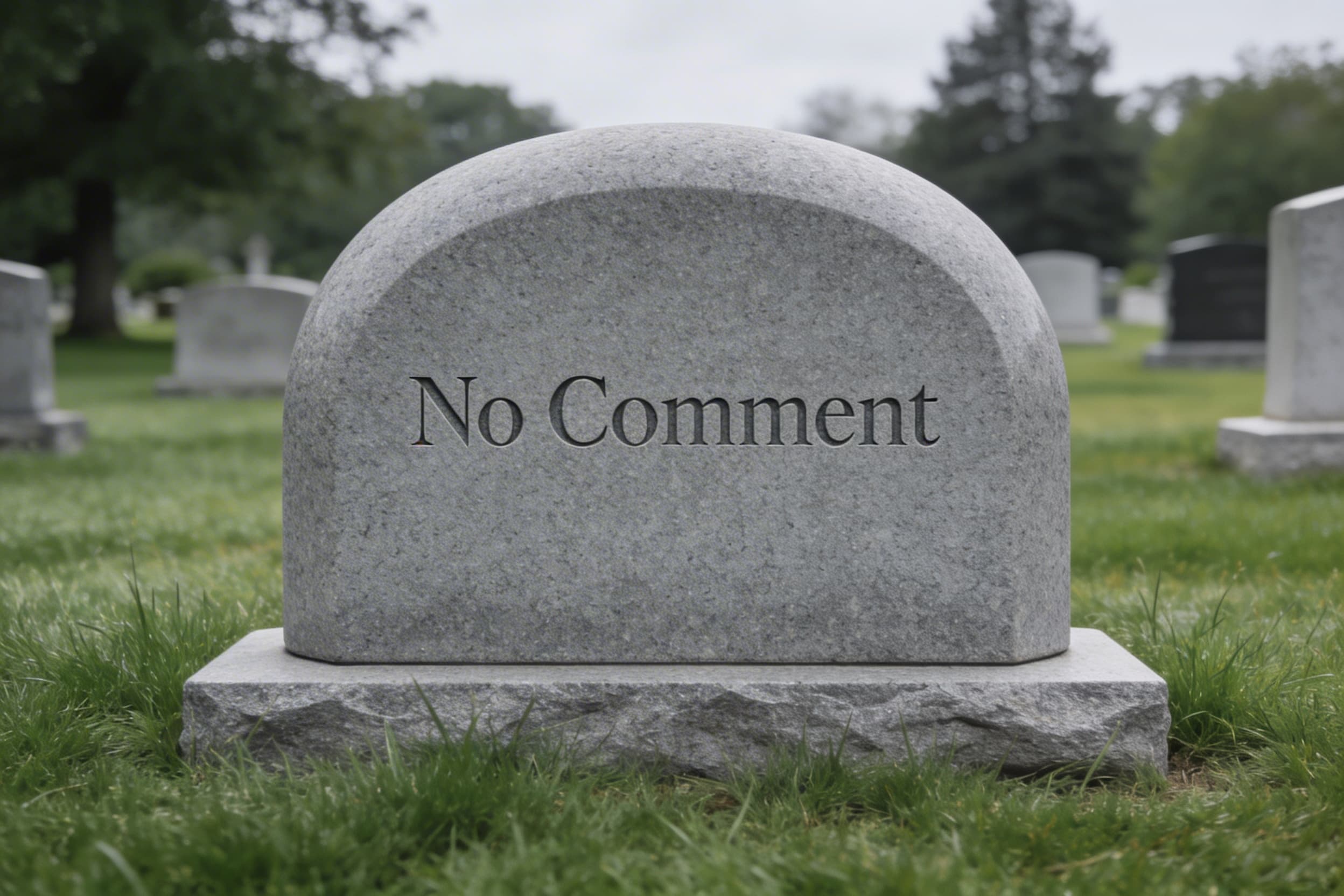 A simple gray granite headstone with engraved text that reads exactly "No Comment" in an elegant serif font, set in a quiet cemetery