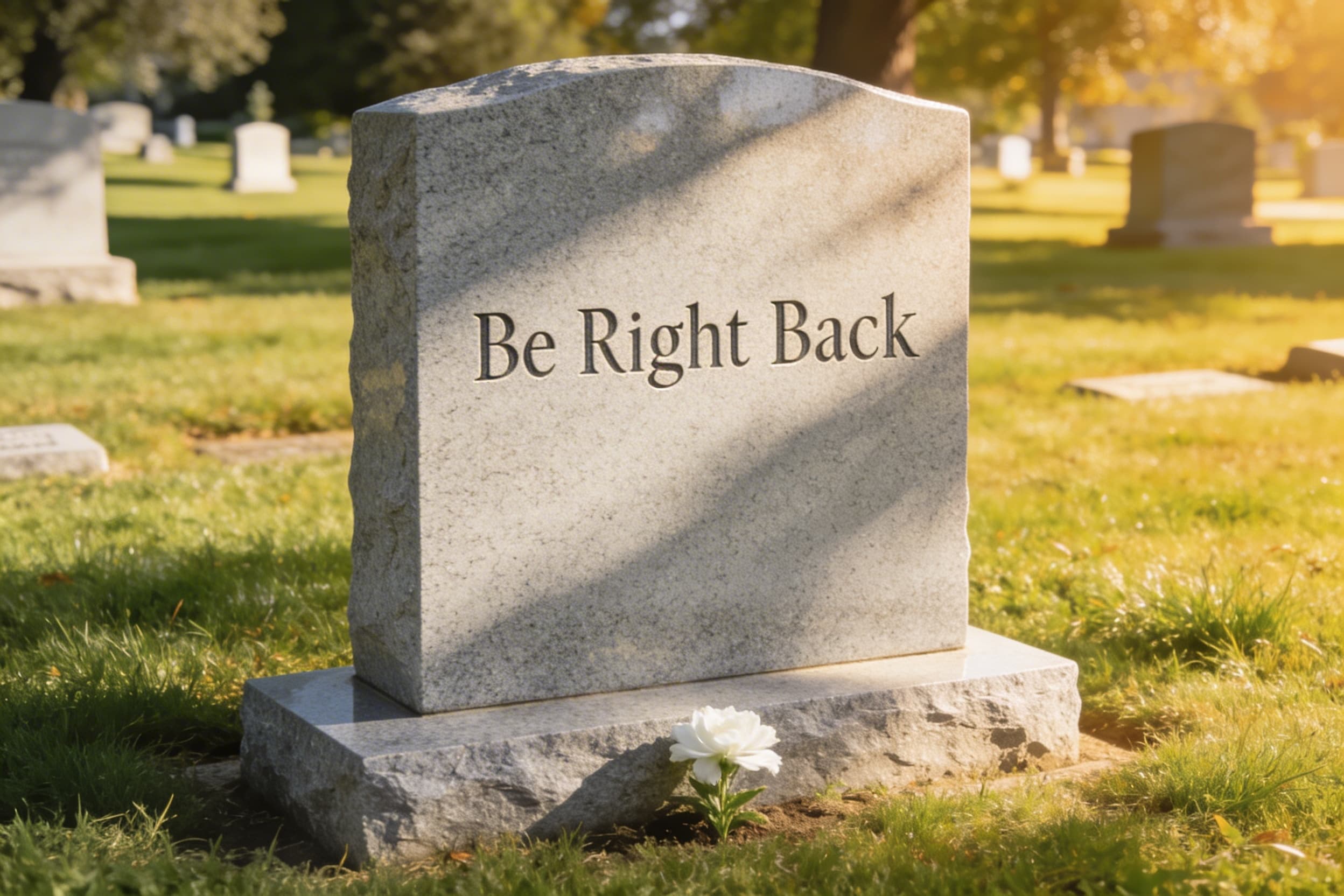 A polished light gray granite headstone with engraved text that reads exactly "Be Right Back" in a classic serif font with a sunny cemetery backdrop