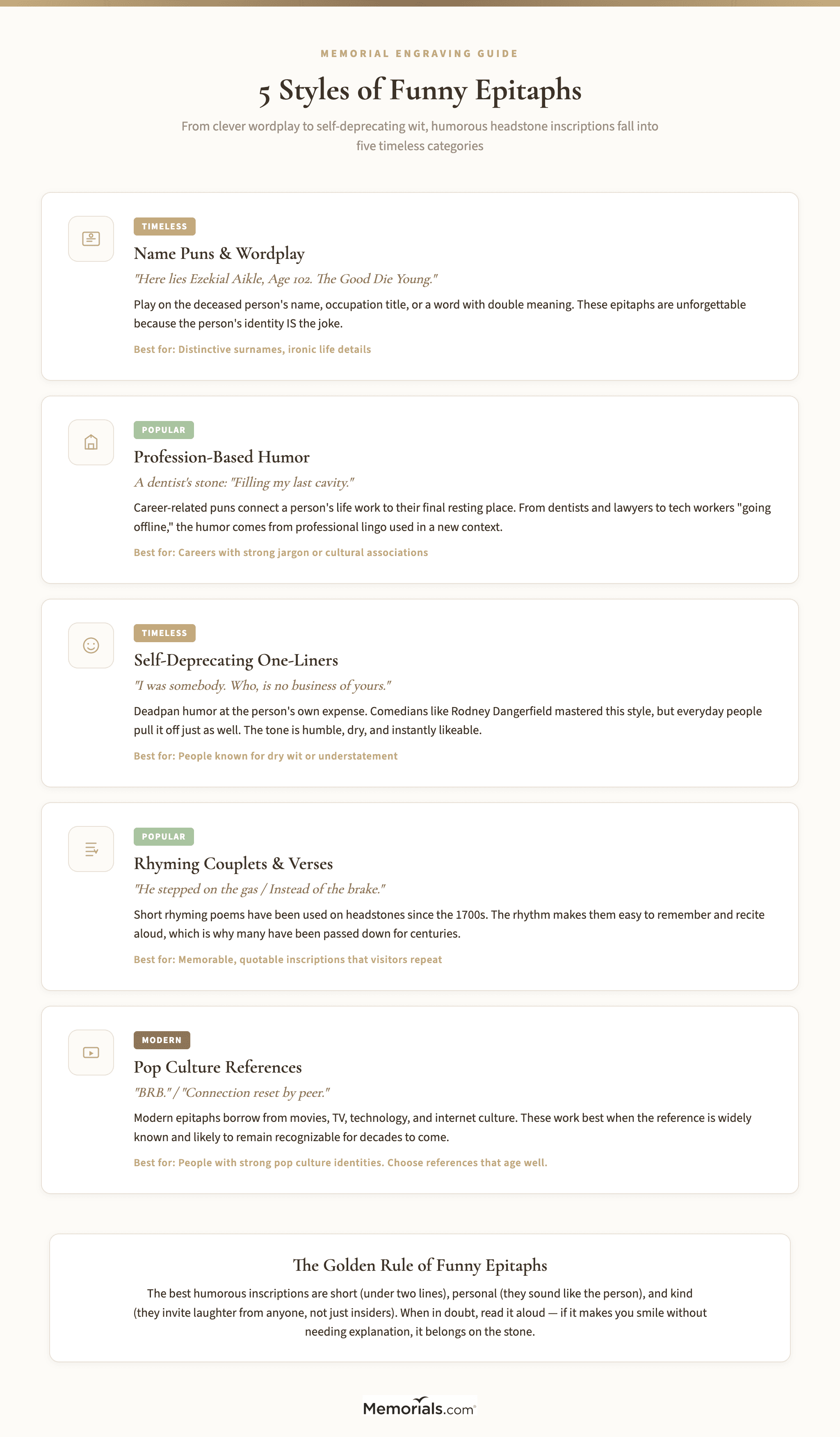 Visual guide showing the five main categories of humorous epitaphs with examples and tips for each style