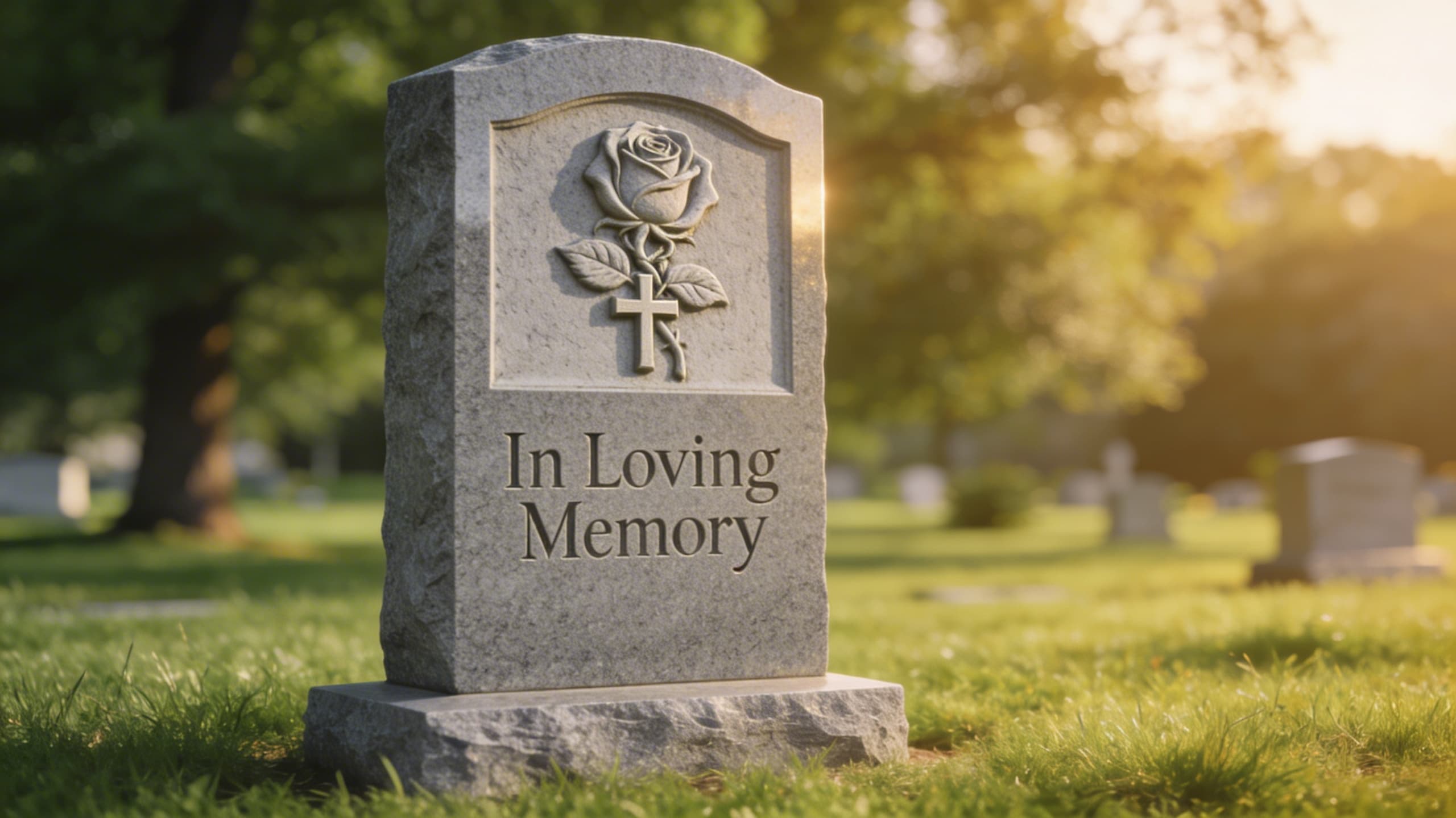 A polished granite headstone featuring a deeply carved rose and cross design in warm sunlight