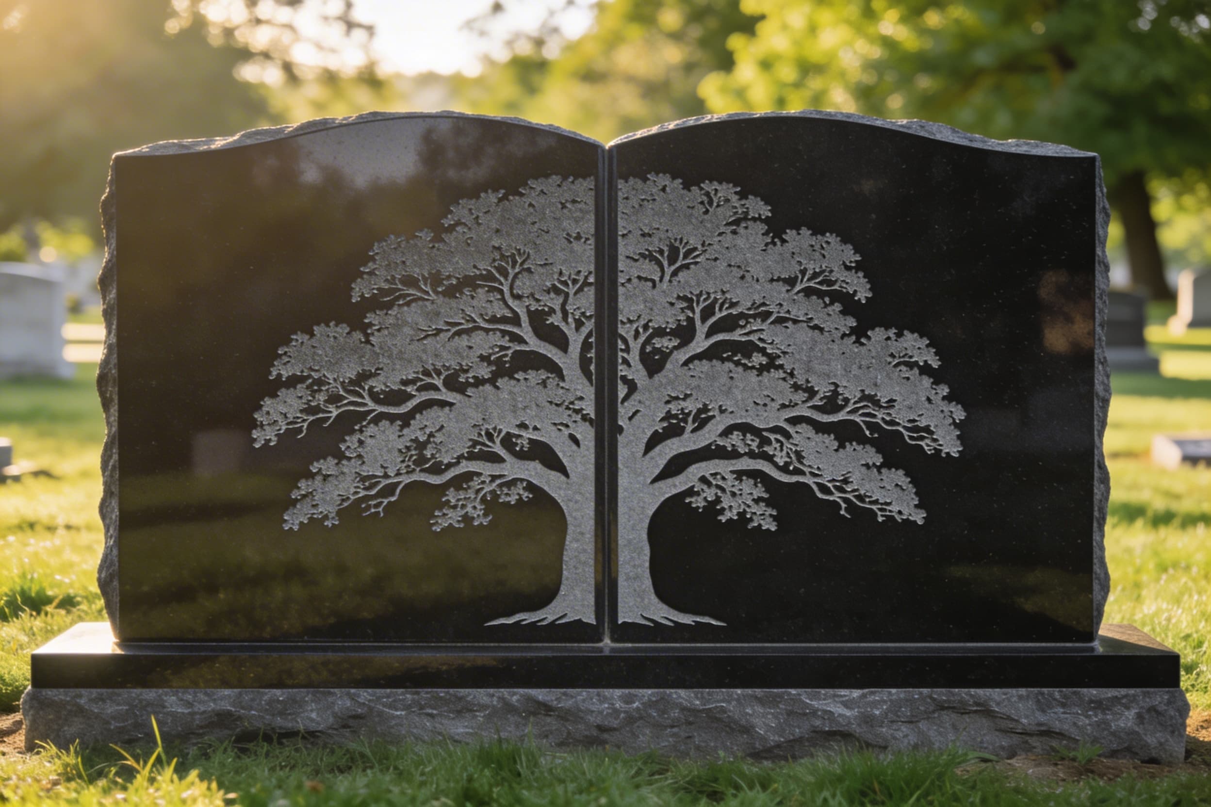 A wide companion granite headstone featuring a large engraved tree design in the center connecting both sides of the memorial
