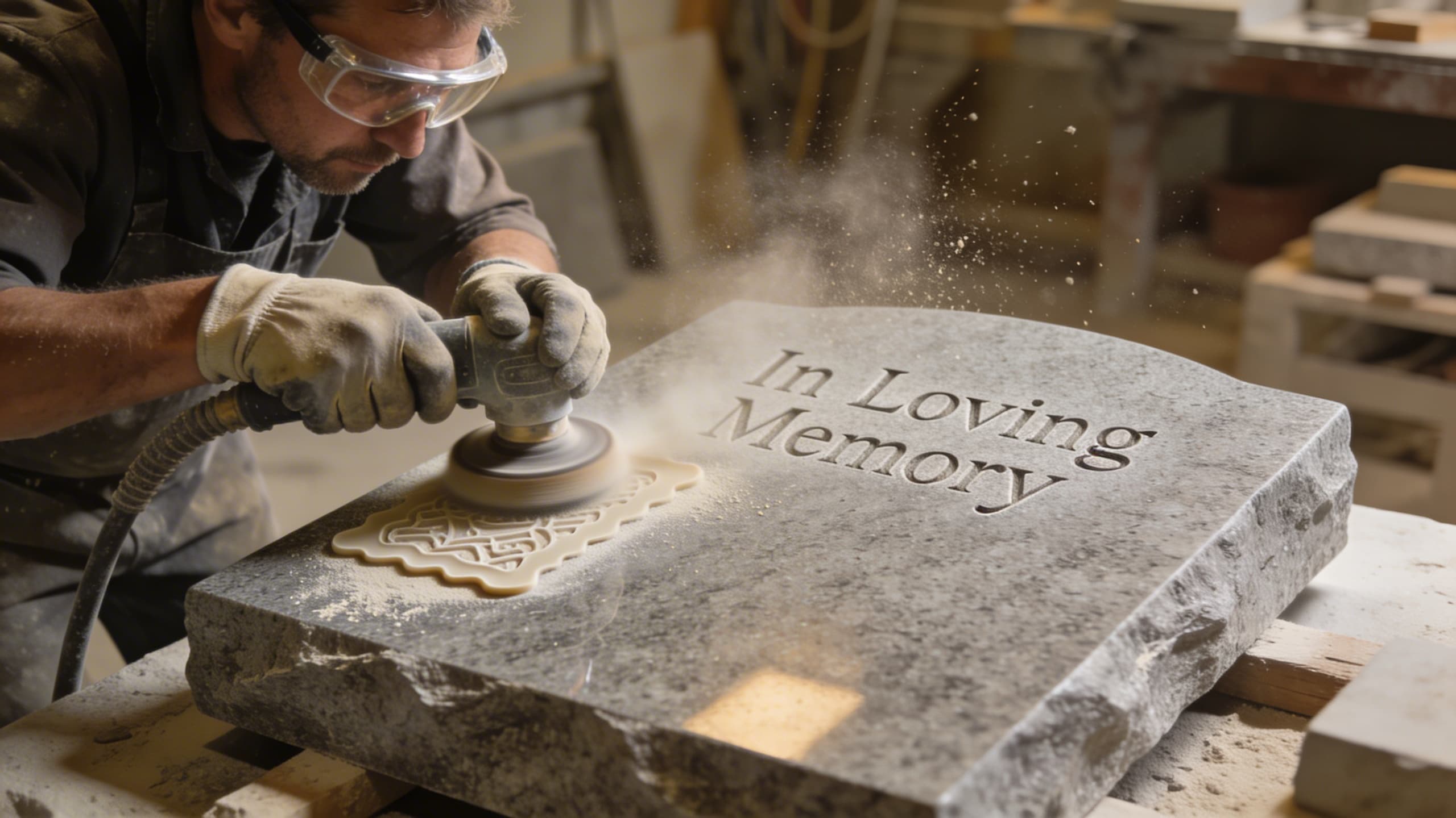 A granite headstone being engraved using sandblasting equipment in a memorial workshop with a rubber stencil applied to the polished stone surface