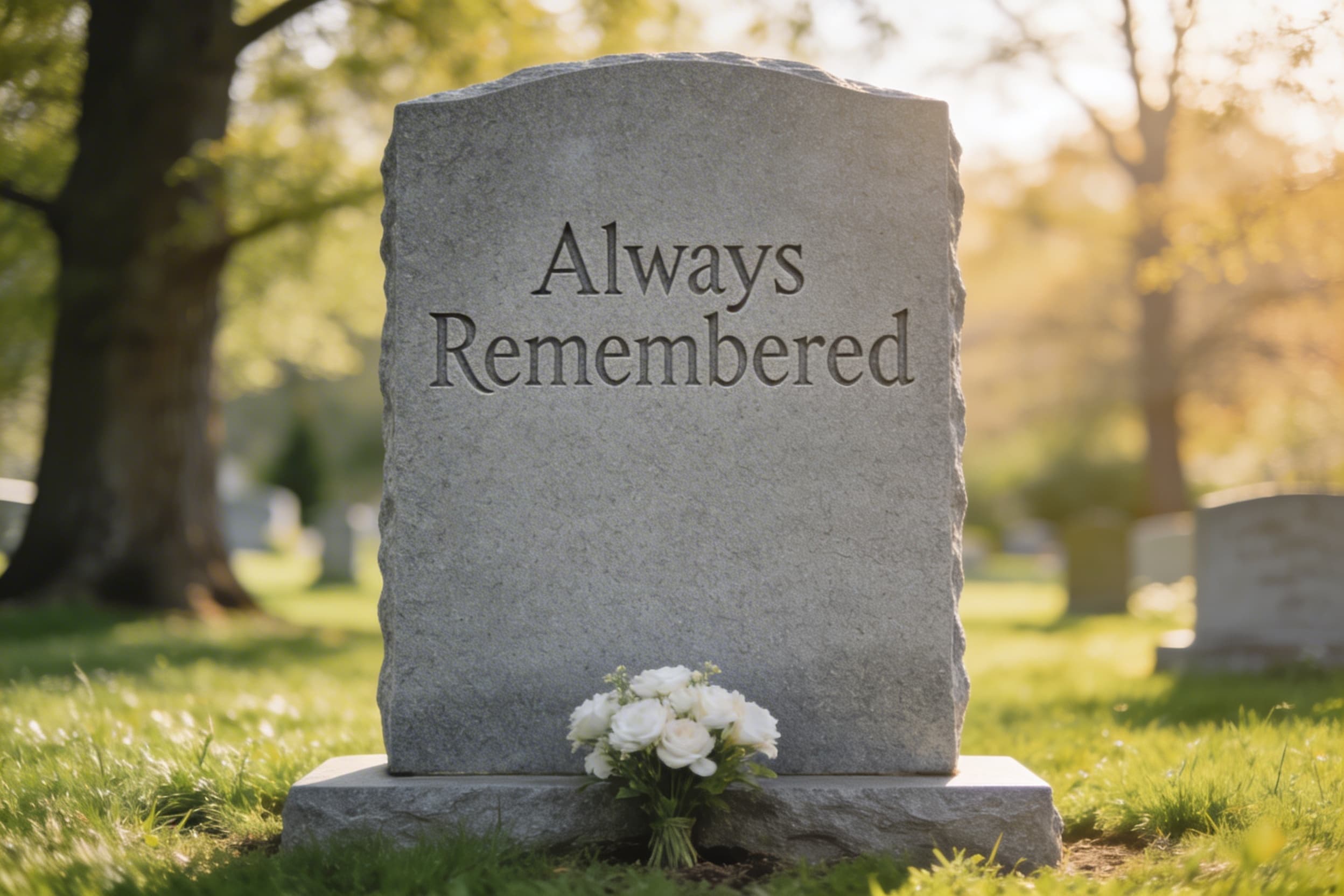 A completed engraved granite headstone in a peaceful cemetery setting during spring with green grass and fresh flowers placed at the base