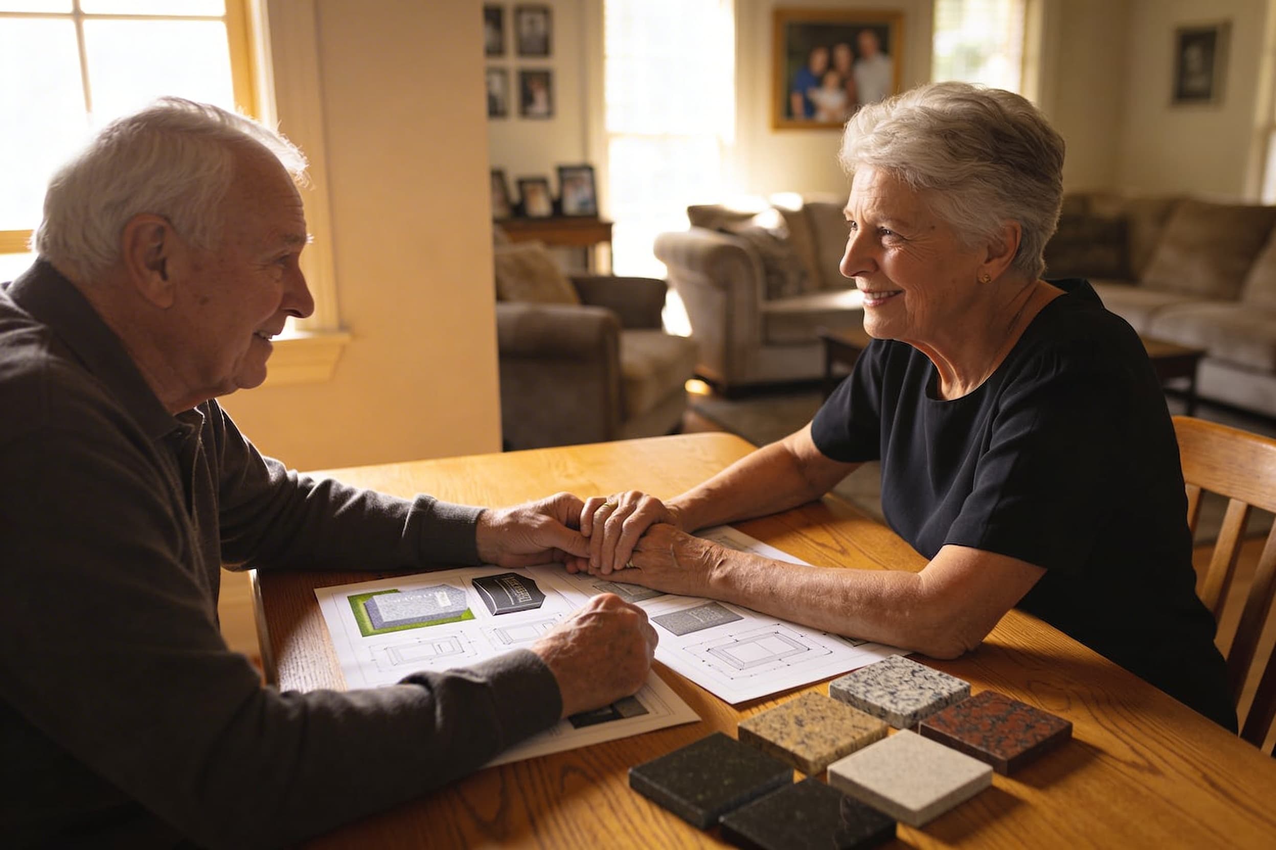 An elderly couple seated at a table reviewing headstone design proofs and granite color samples with soft warm interior lighting