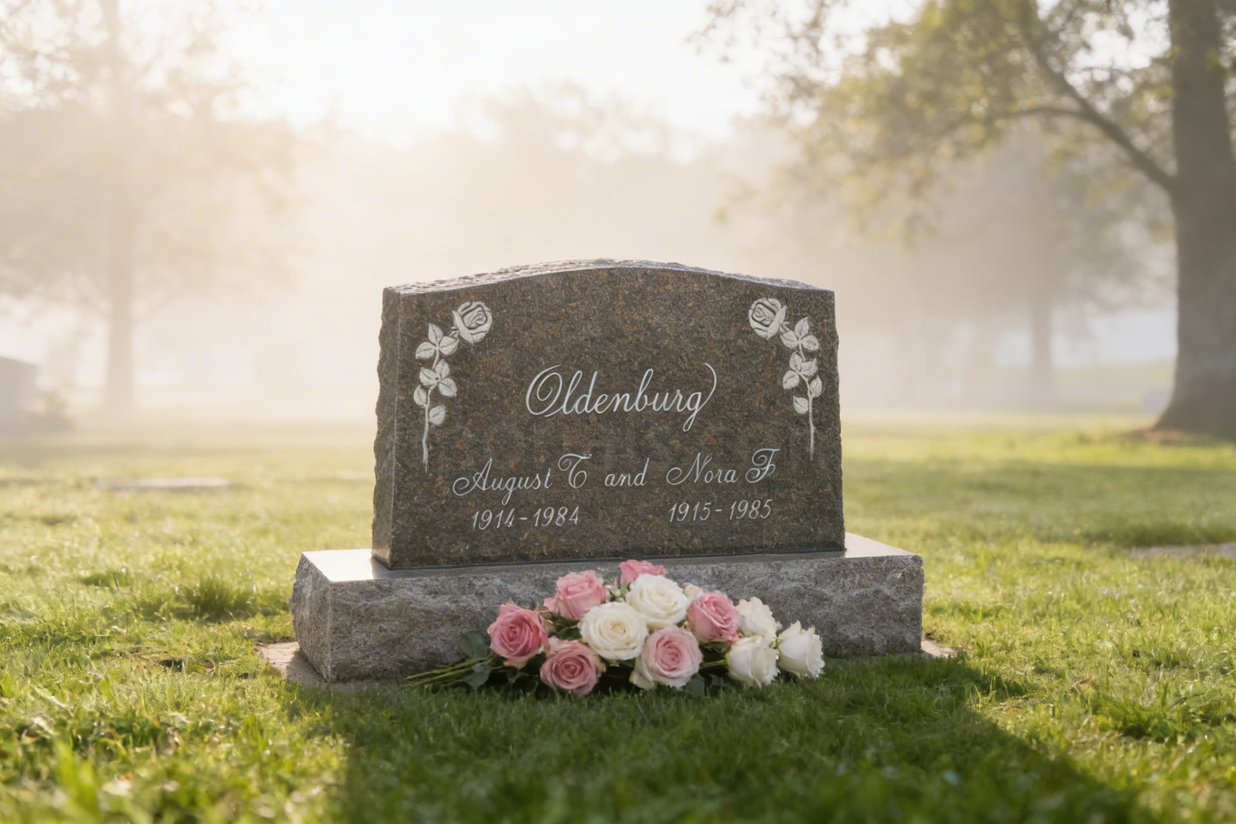A wide polished gray granite companion headstone with engraved text reading Beloved Parents centered between two names with white roses at the base