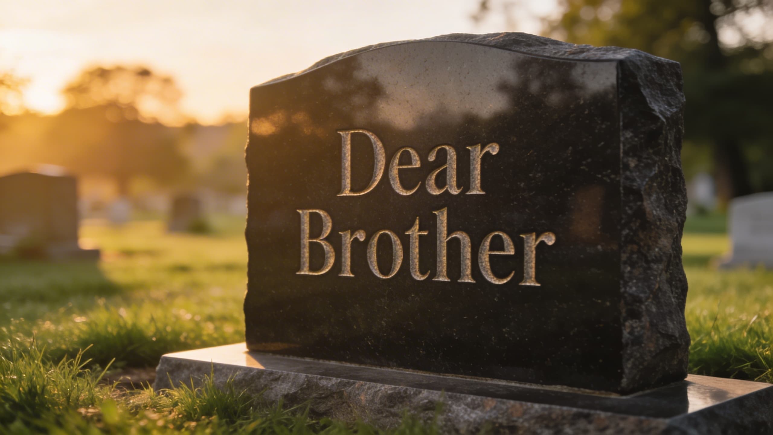 A polished granite headstone in a peaceful cemetery with engraved text reading Dear Brother in elegant serif lettering surrounded by green grass and soft morning light