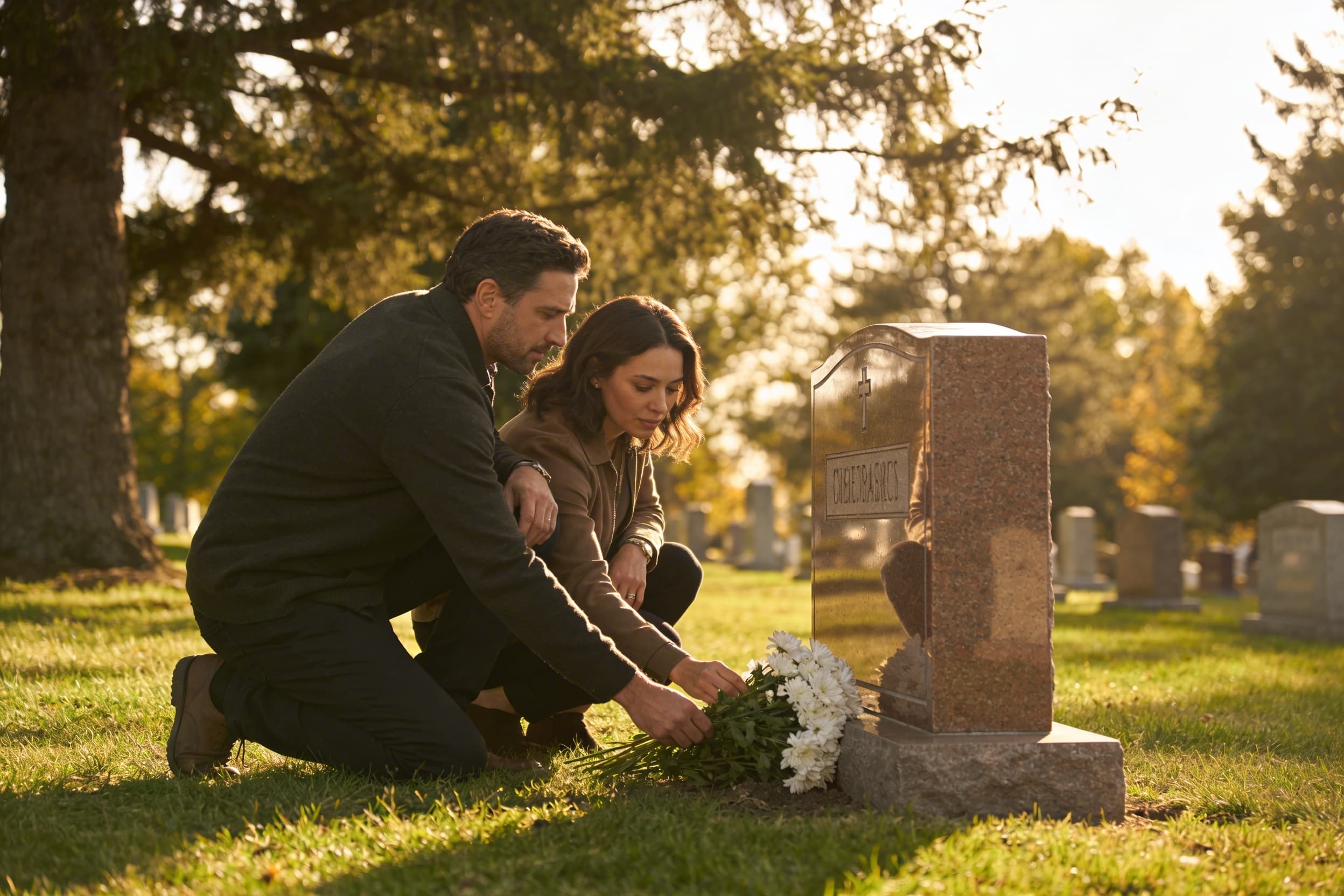 A family placing white flowers at the base of a polished granite headstone in a peaceful cemetery with soft afternoon light filtering through trees