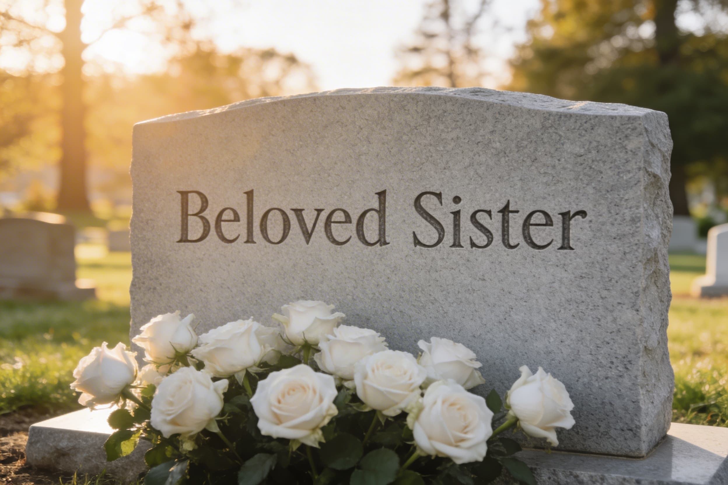 A granite headstone in a serene cemetery setting with engraved text reading Beloved Sister in classic serif font with trees in the soft-focus background