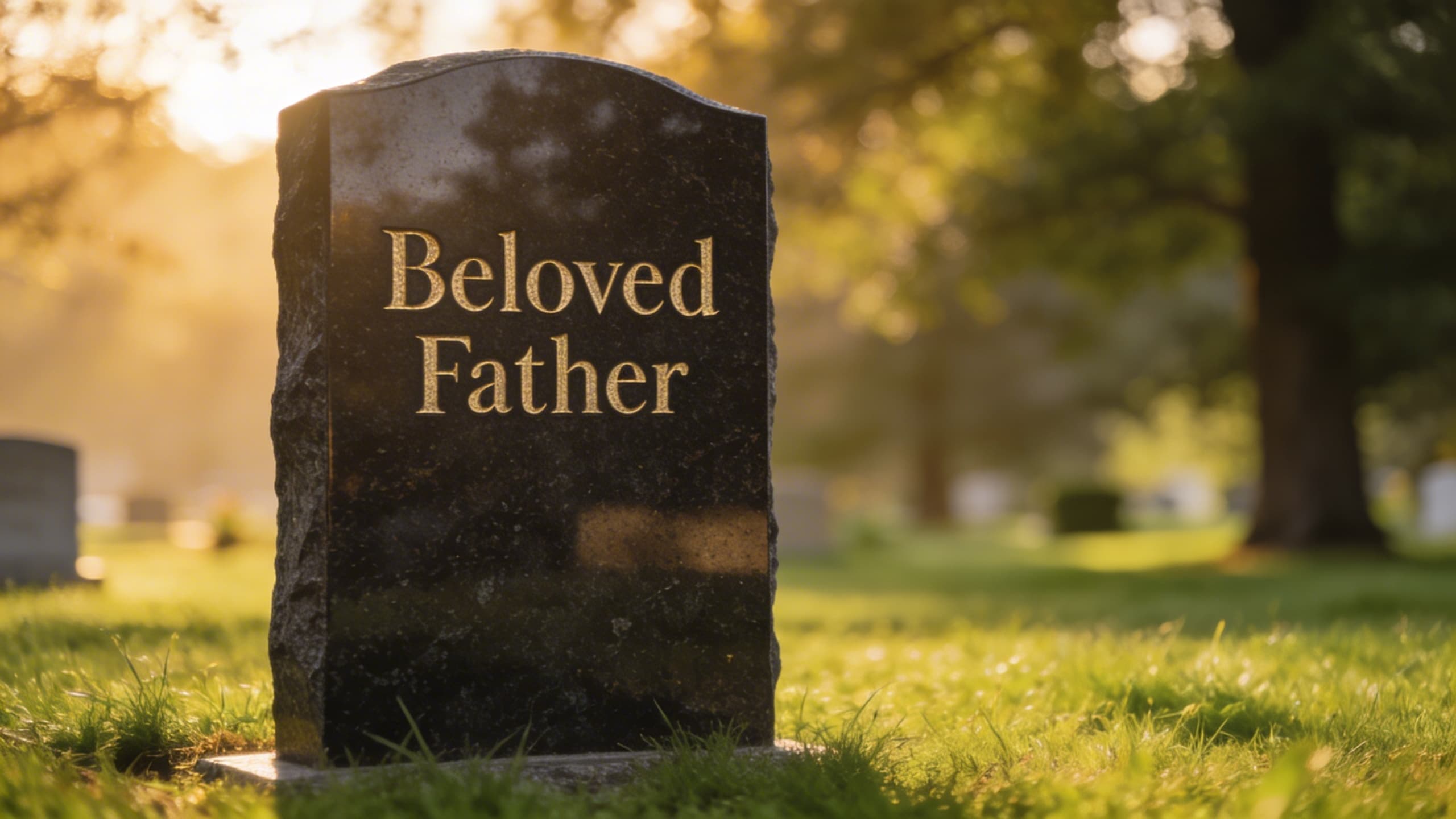 A polished granite headstone in a peaceful cemetery with engraved text reading Beloved Father surrounded by soft green grass and morning light