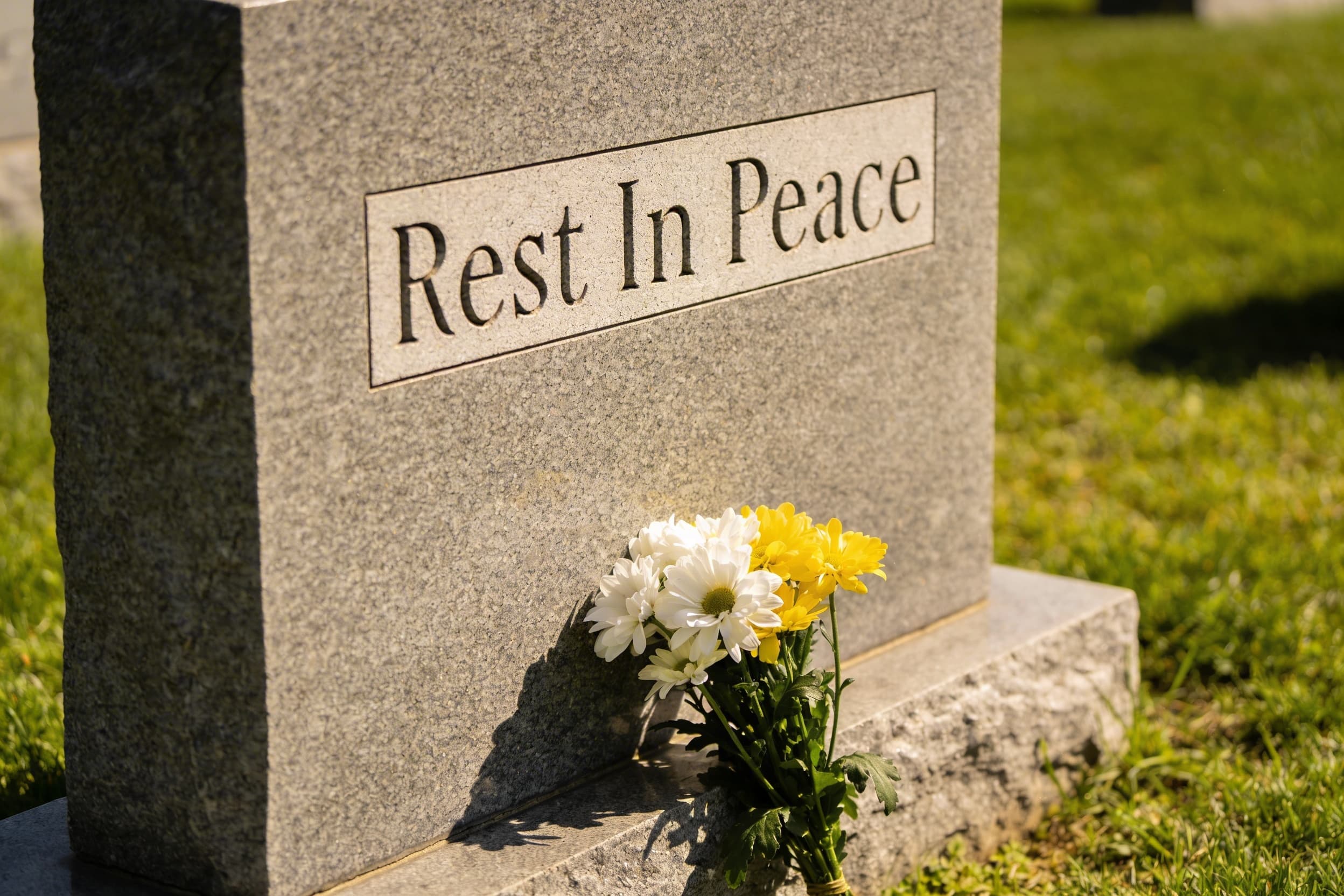 A granite headstone engraved with Rest In Peace in a peaceful cemetery setting with white and yellow flowers at its base