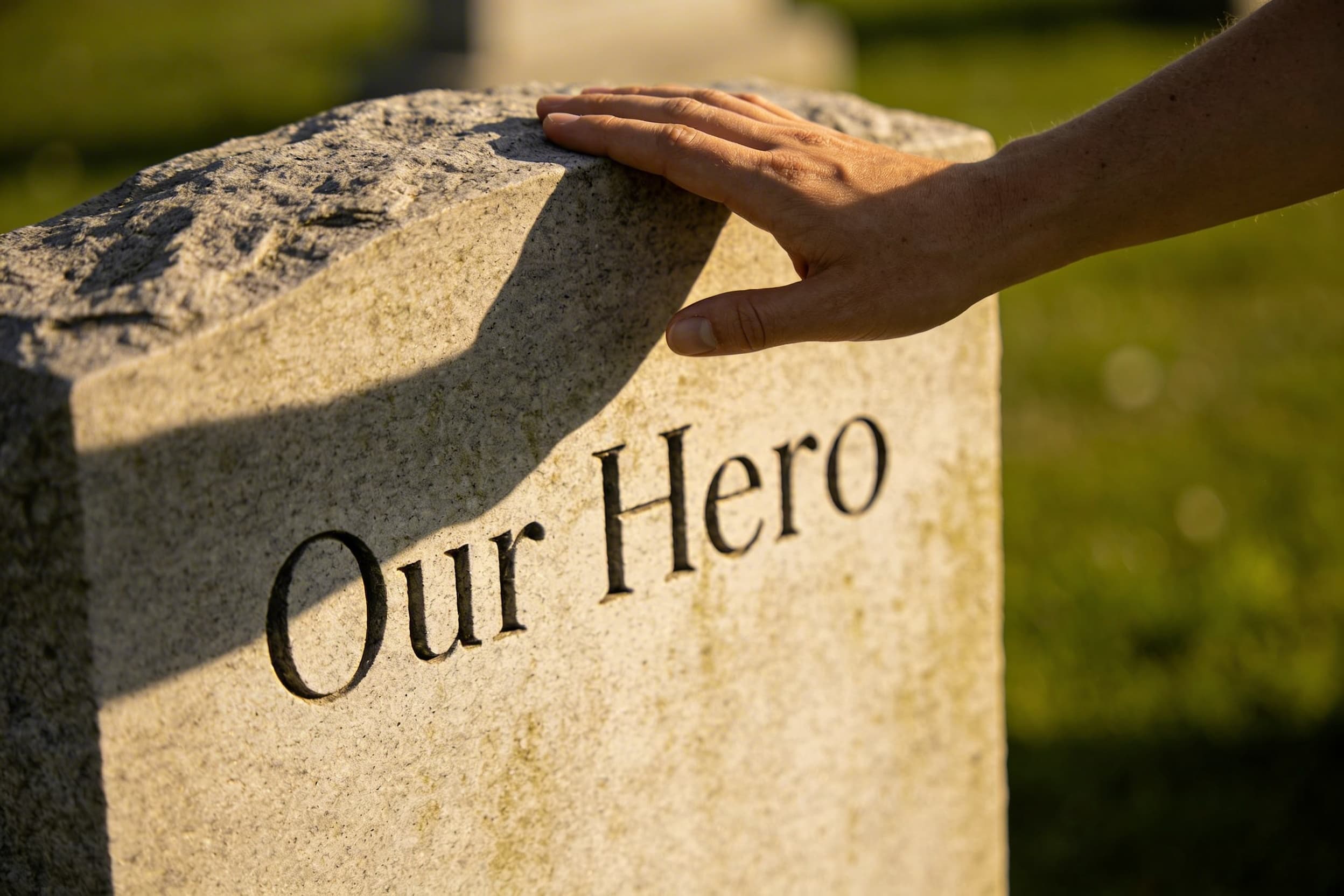 A person's hand gently resting on a weathered granite headstone engraved with the words Our Hero in warm afternoon light