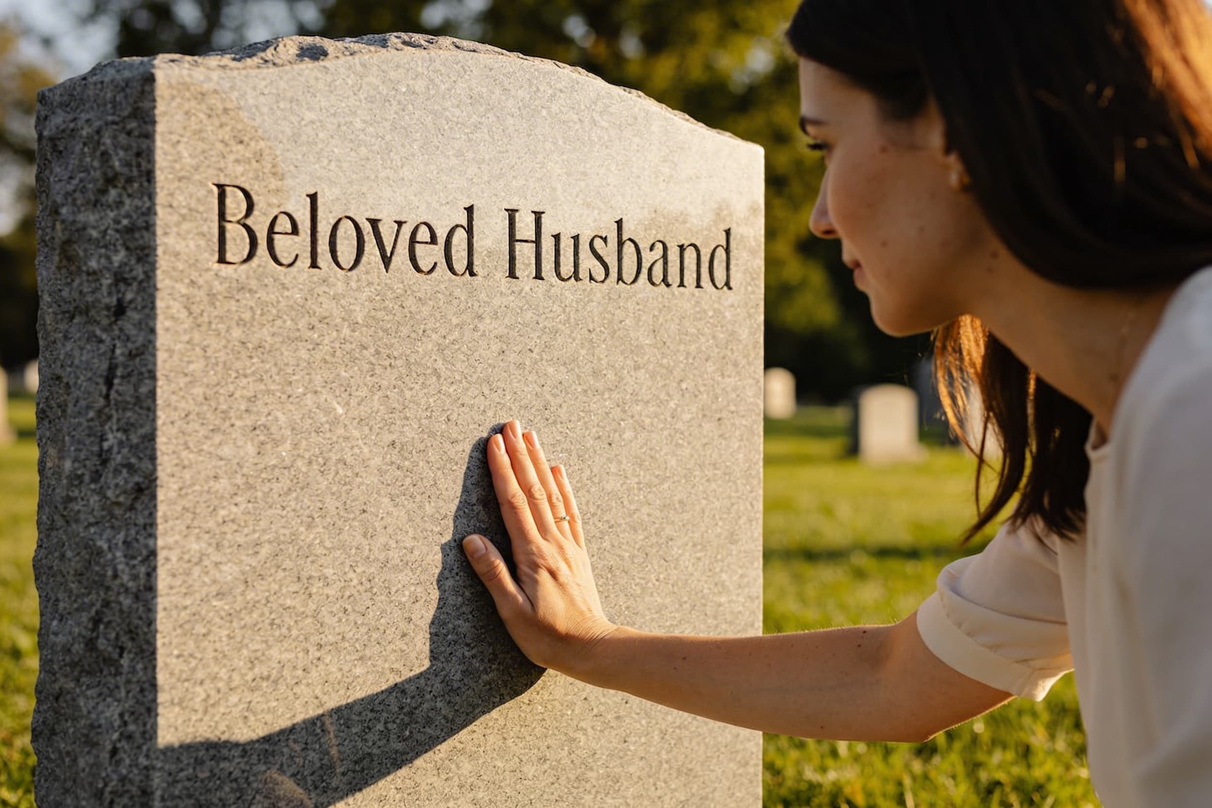 A woman's hand gently resting on the surface of a granite headstone with carved lettering in a quiet cemetery with soft natural light