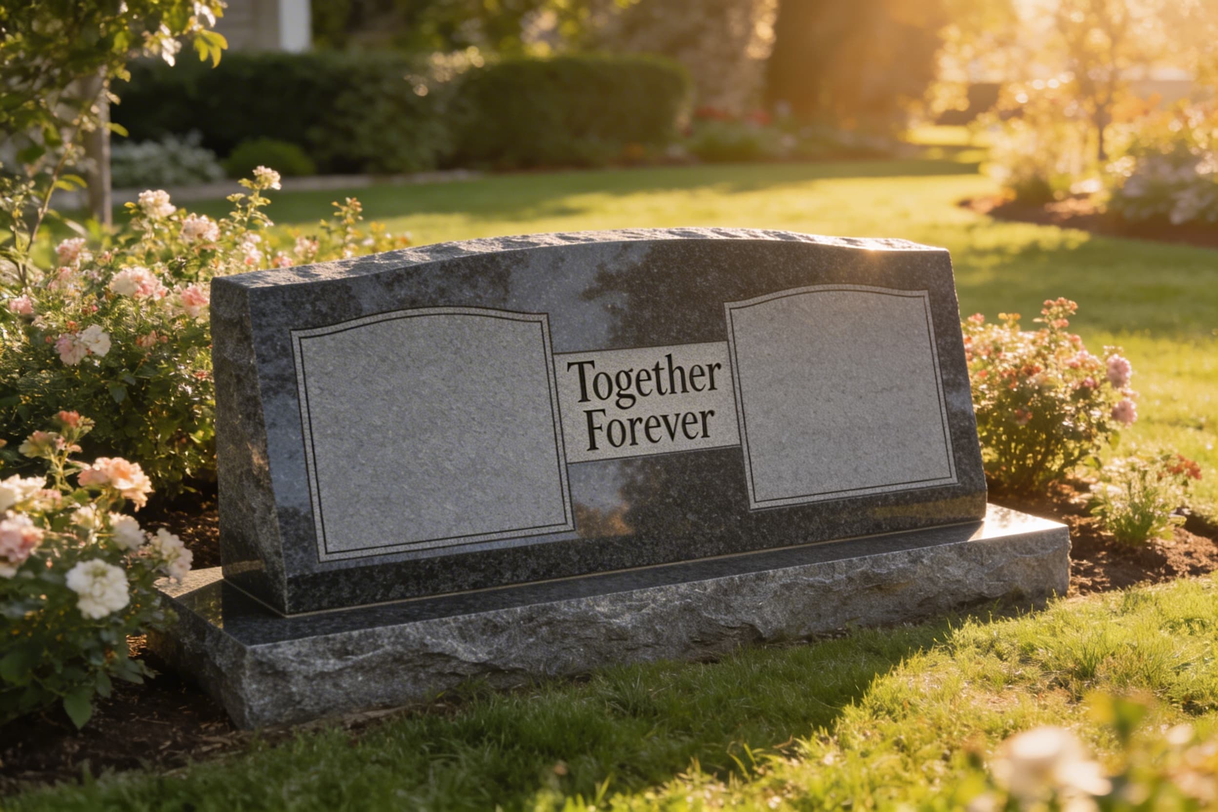 A double companion granite headstone in a garden cemetery setting with flowering shrubs and the engraved text Together Forever in serif lettering