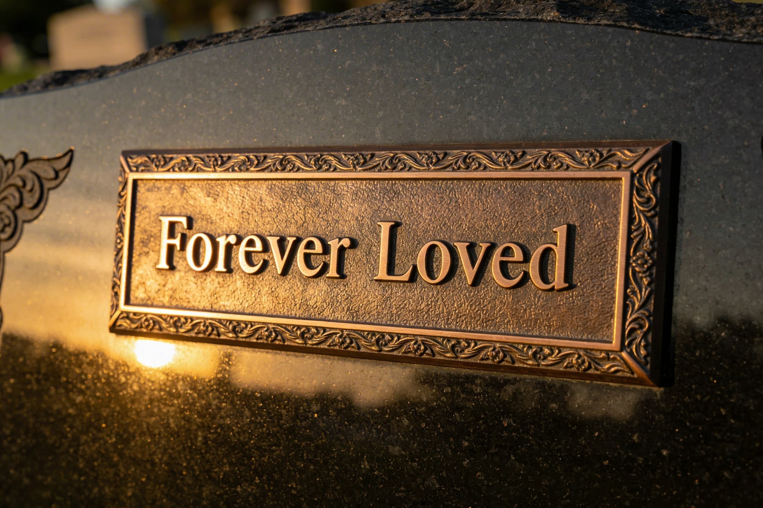 A bronze memorial plaque with elegant serif lettering mounted on polished black granite showing a simple inscription in warm afternoon light