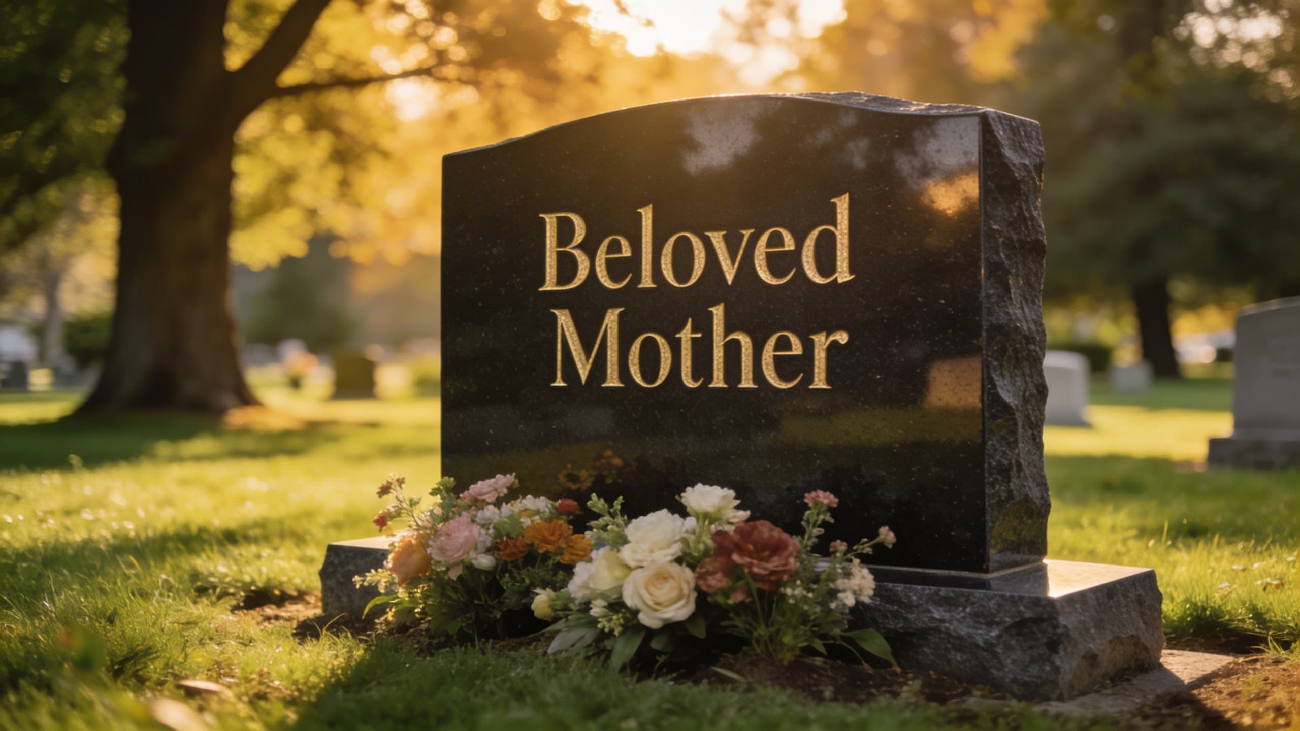 A polished granite headstone with the engraved words Beloved Mother in elegant serif lettering set in a peaceful green cemetery
