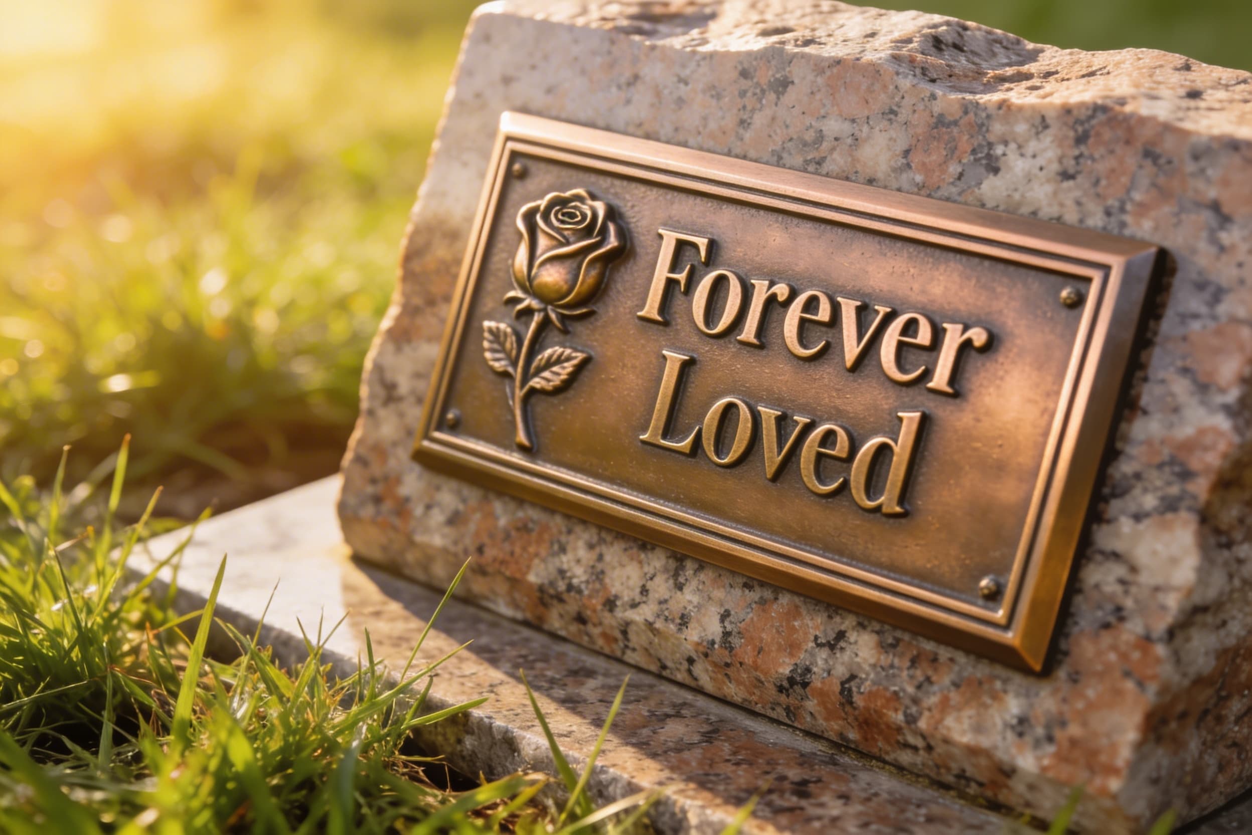 A bronze headstone plaque with engraved memorial text and a rose symbol on a granite base in soft morning light