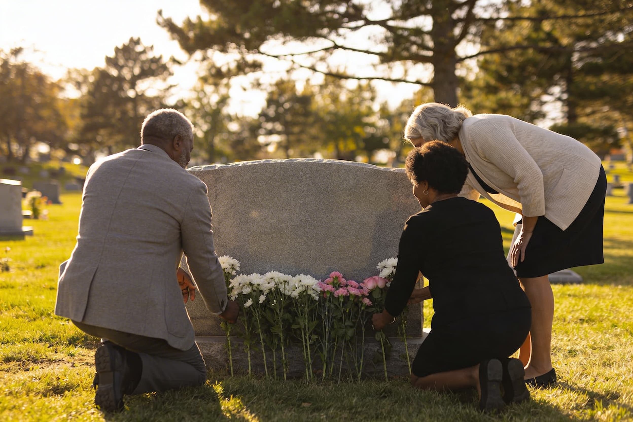 A family placing fresh flowers at the base of a granite headstone for their mother in a peaceful cemetery with green grass and mature trees