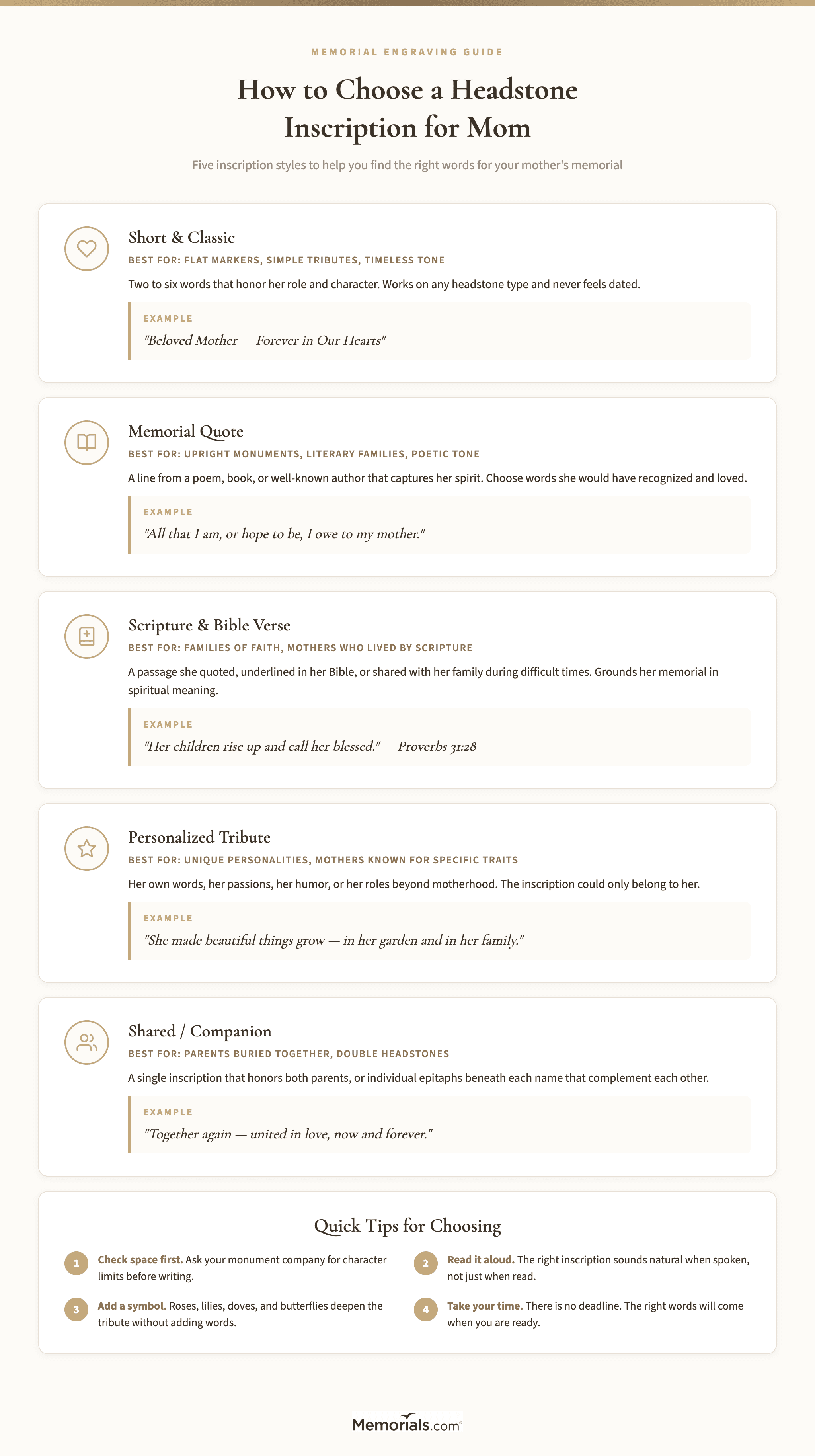 Visual guide showing inscription categories: Short Classic, Memorial Quote, Scripture, Personalized, and Role-Based, with example inscriptions for each and tips on choosing the right style