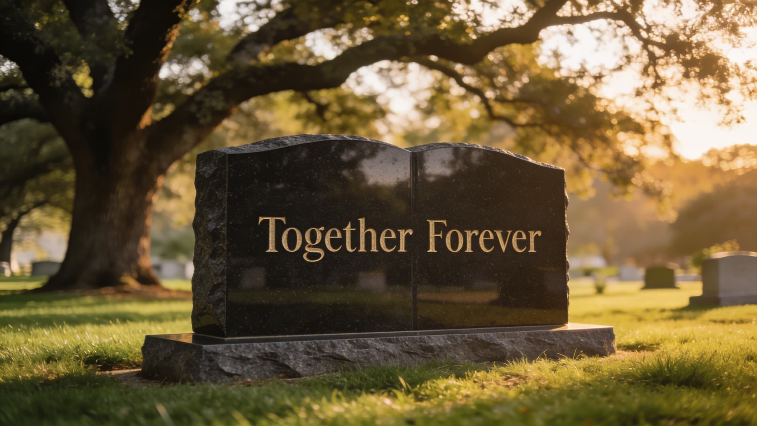 A polished granite companion headstone in a peaceful cemetery with engraved text reading Together Forever surrounded by soft morning light