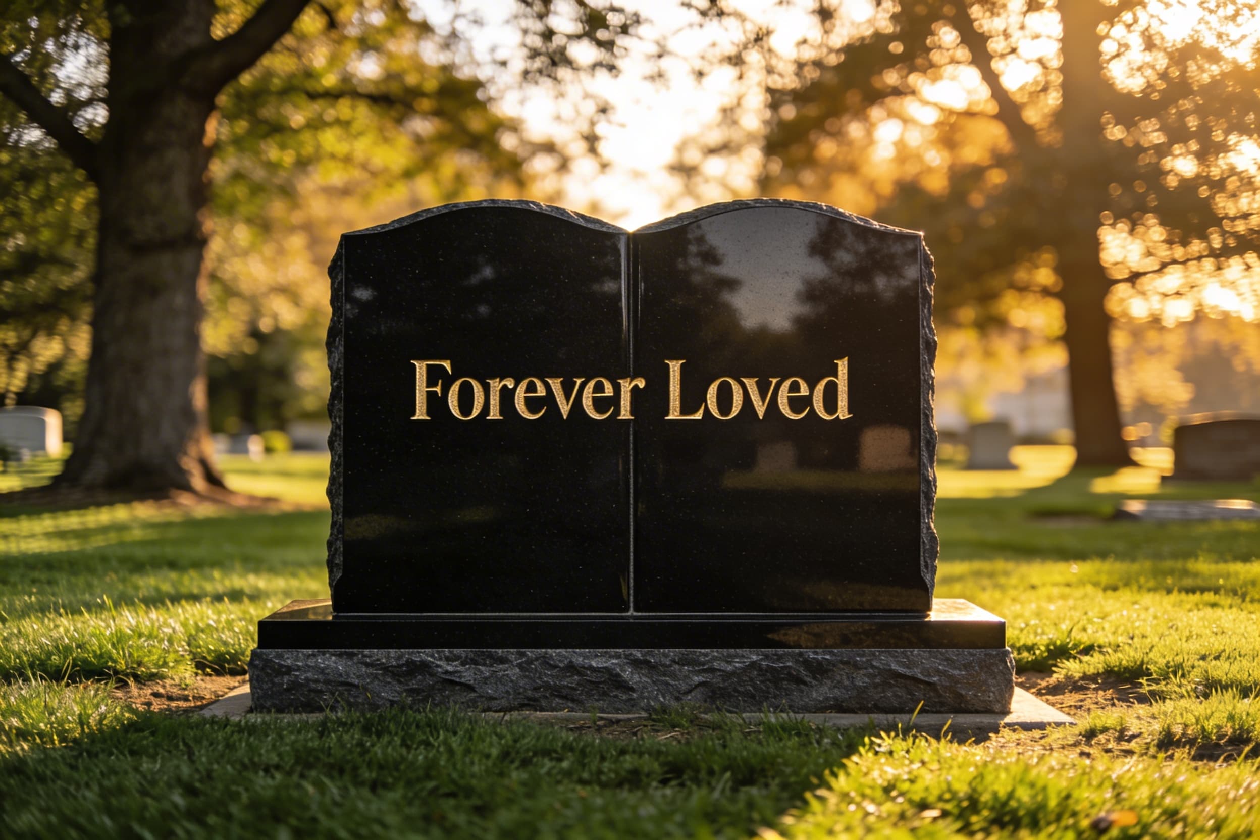 A polished black granite companion headstone with gold engraved text reading Forever Loved in a sunlit cemetery with mature trees