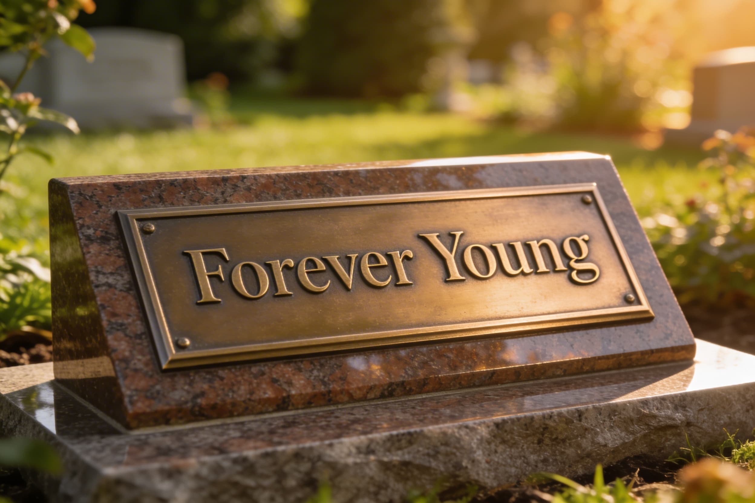 A bronze on granite headstone in a garden cemetery setting with engraved text reading Forever Young in elegant serif lettering