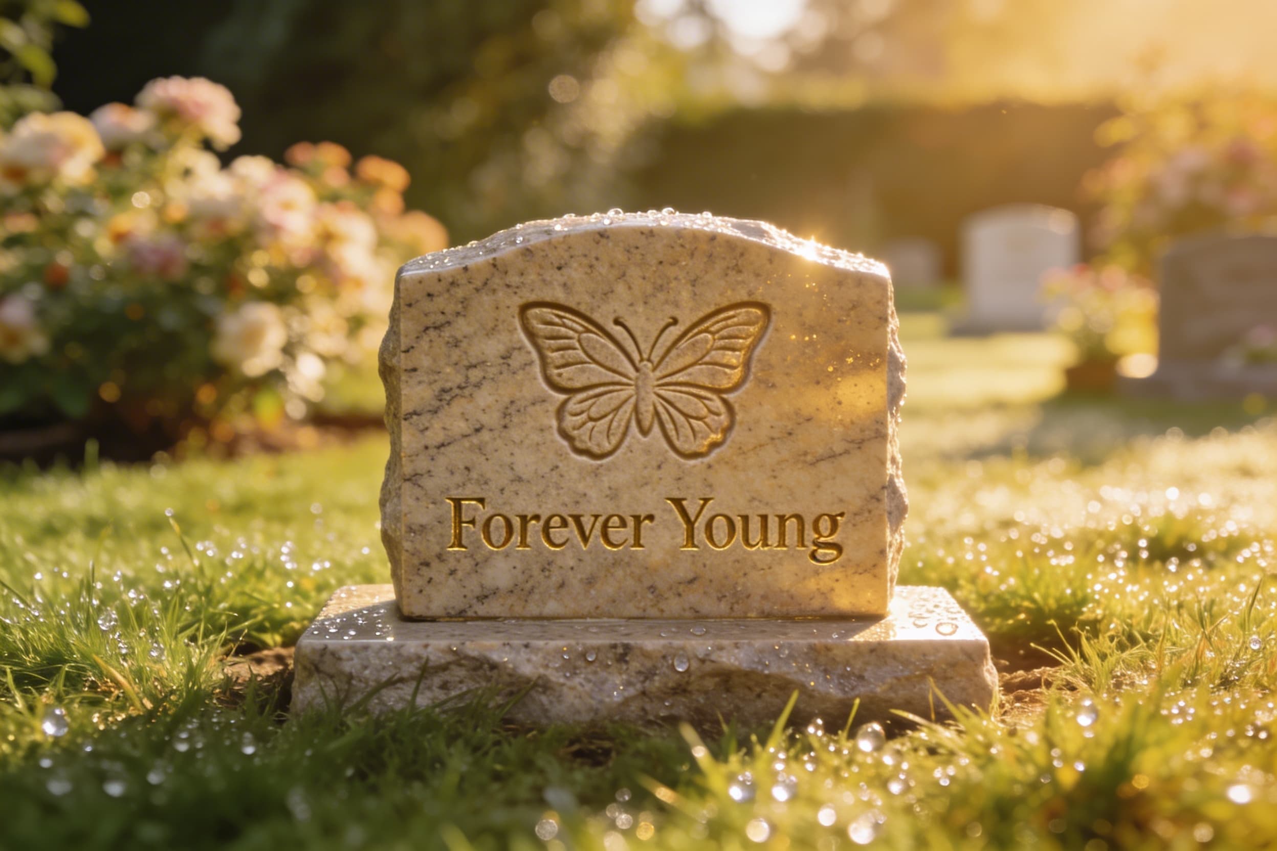A polished granite children's headstone with an engraved butterfly and the words Forever Young in a garden cemetery with morning dew