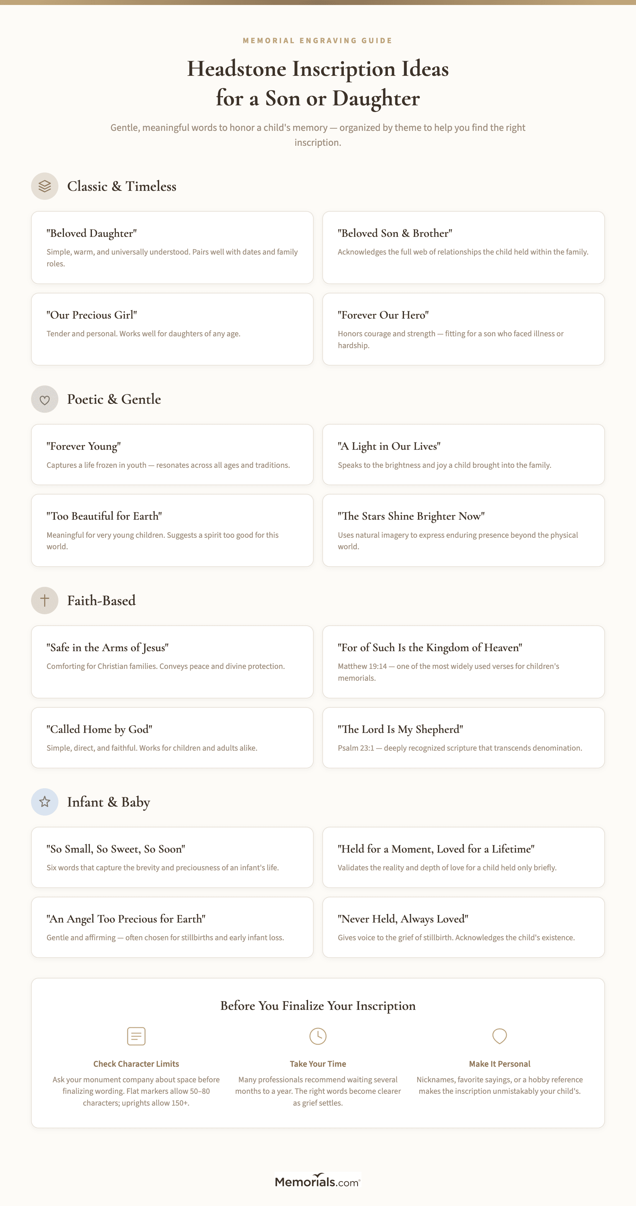 A visual guide showing inscription examples organized by category: Classic, Poetic, Faith-Based, and Infant