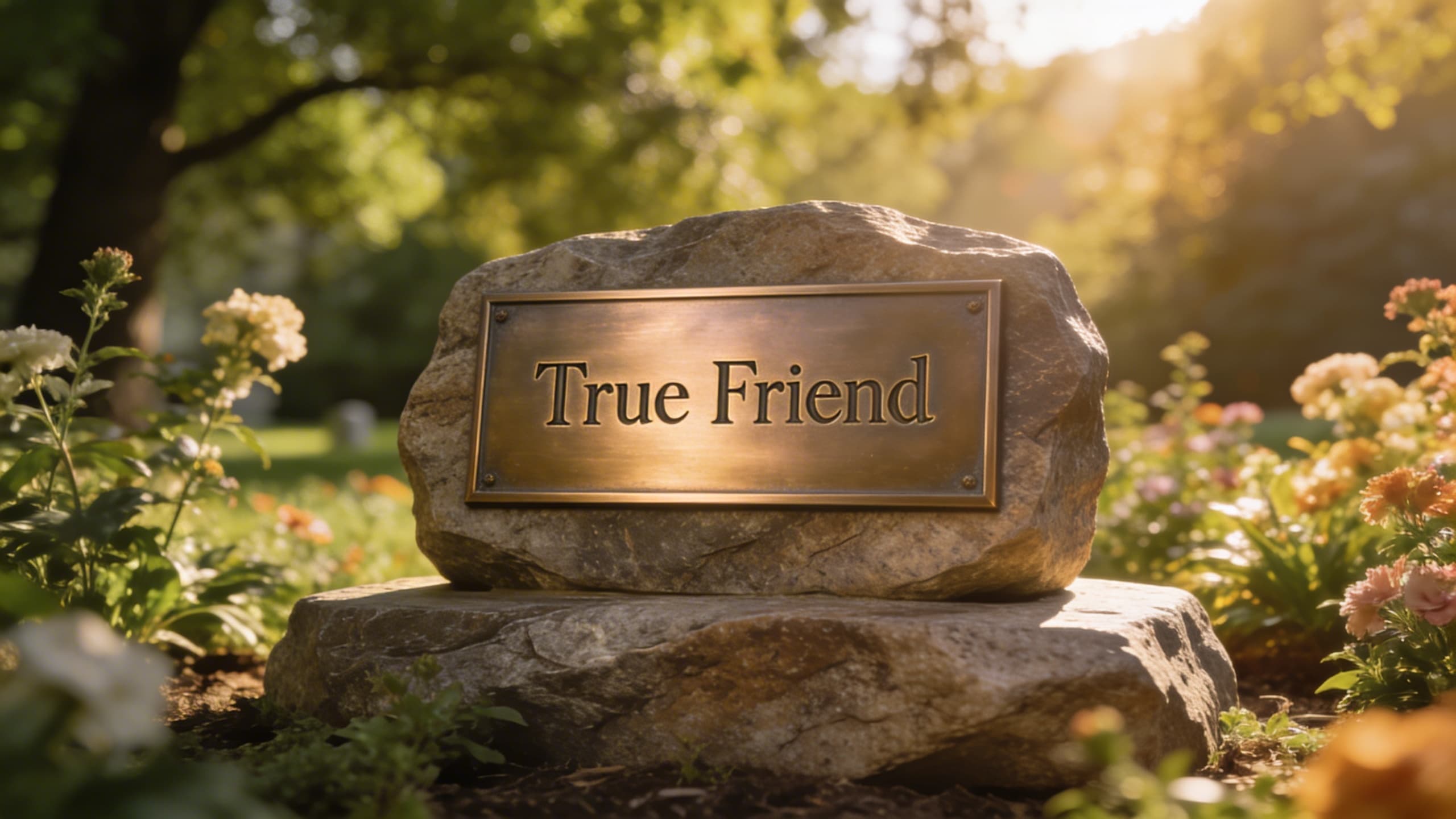 A bronze dedication plaque engraved with the words True Friend displayed in a peaceful garden setting