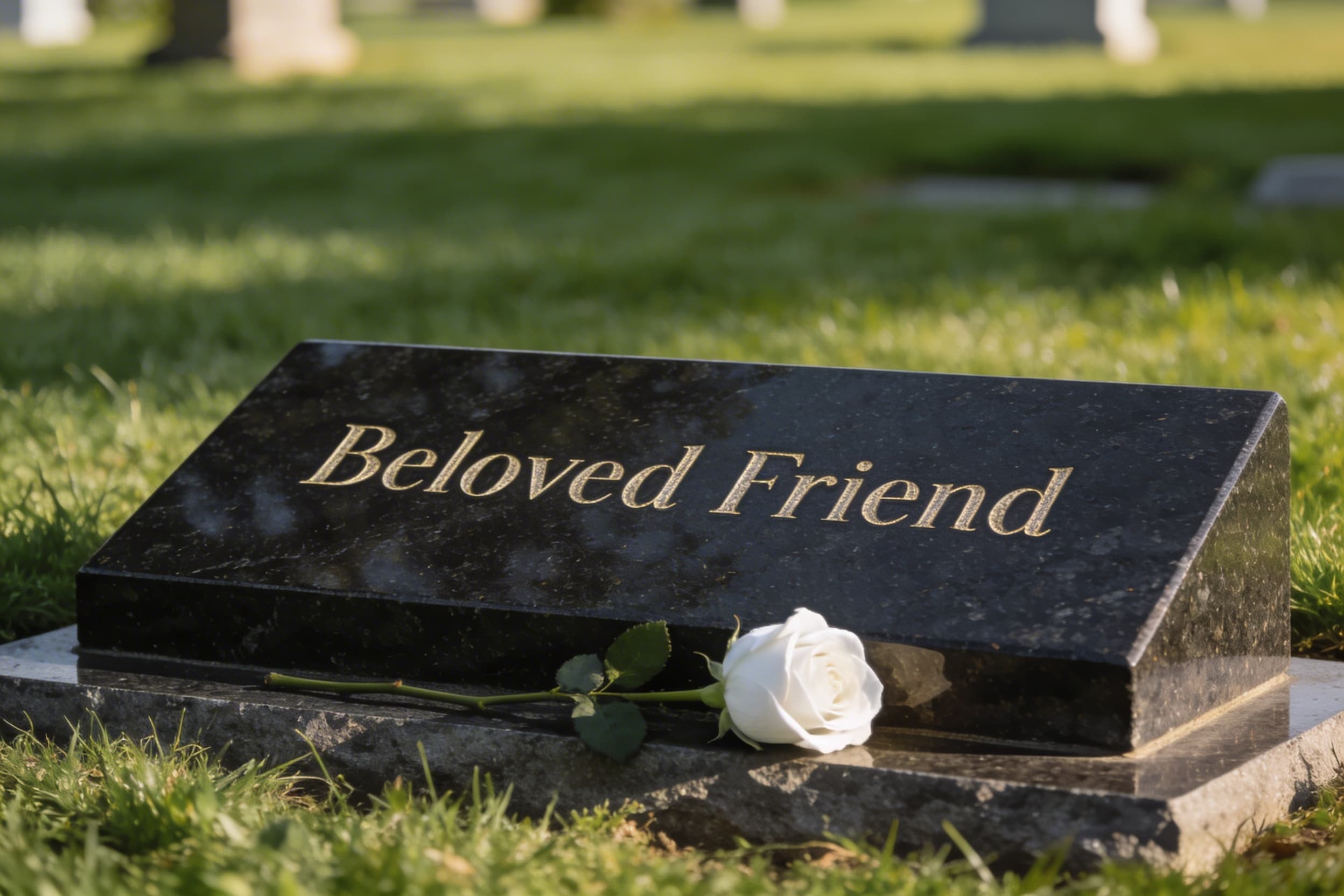 A polished granite headstone engraved with the words Beloved Friend in a well-maintained cemetery