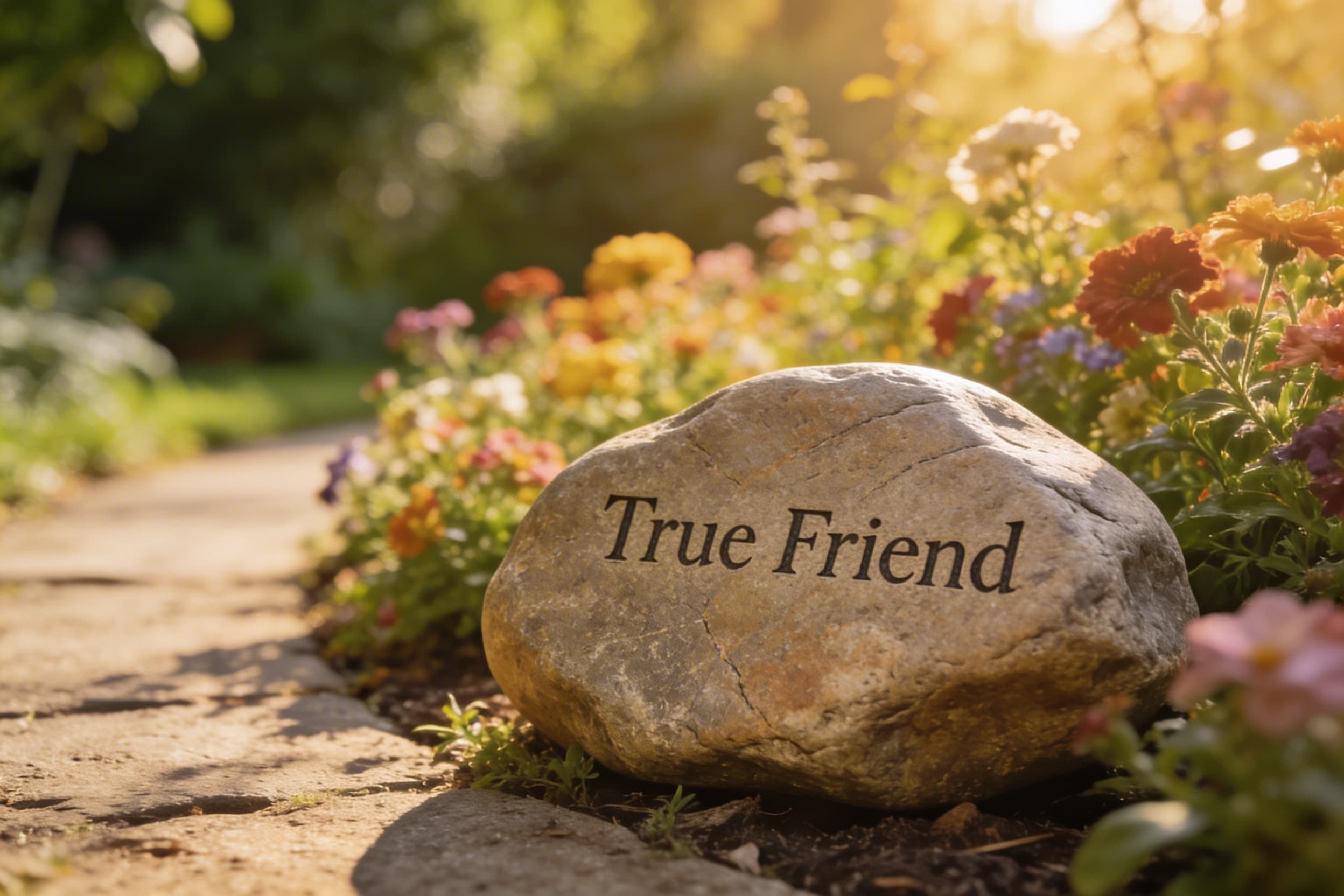A smooth memorial stone engraved with the words True Friend placed beside a garden path with flowers