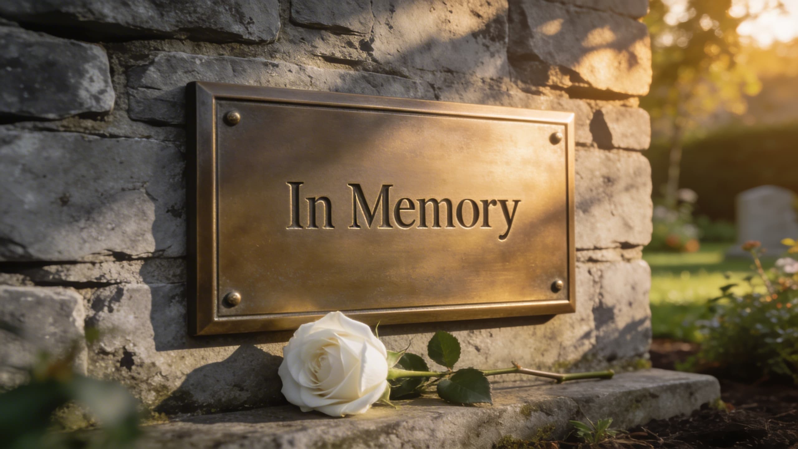 A bronze dedication plaque engraved with the words In Memory mounted on a weathered stone wall in a peaceful garden setting