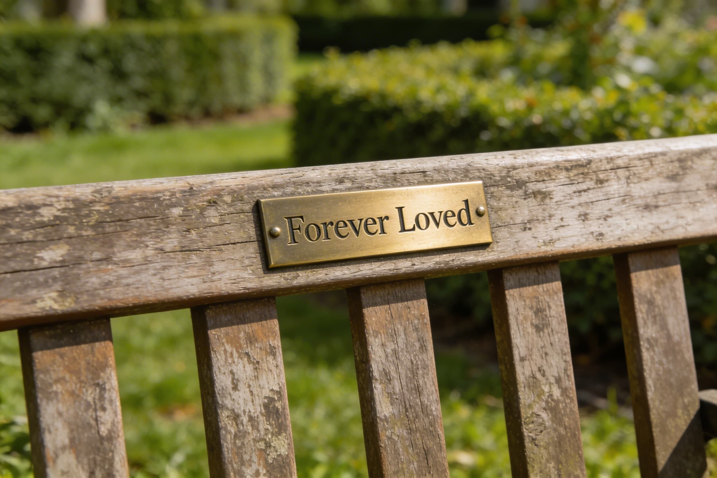 A small brass memorial plaque with engraved text mounted on the backrest of a wooden park bench surrounded by green hedges