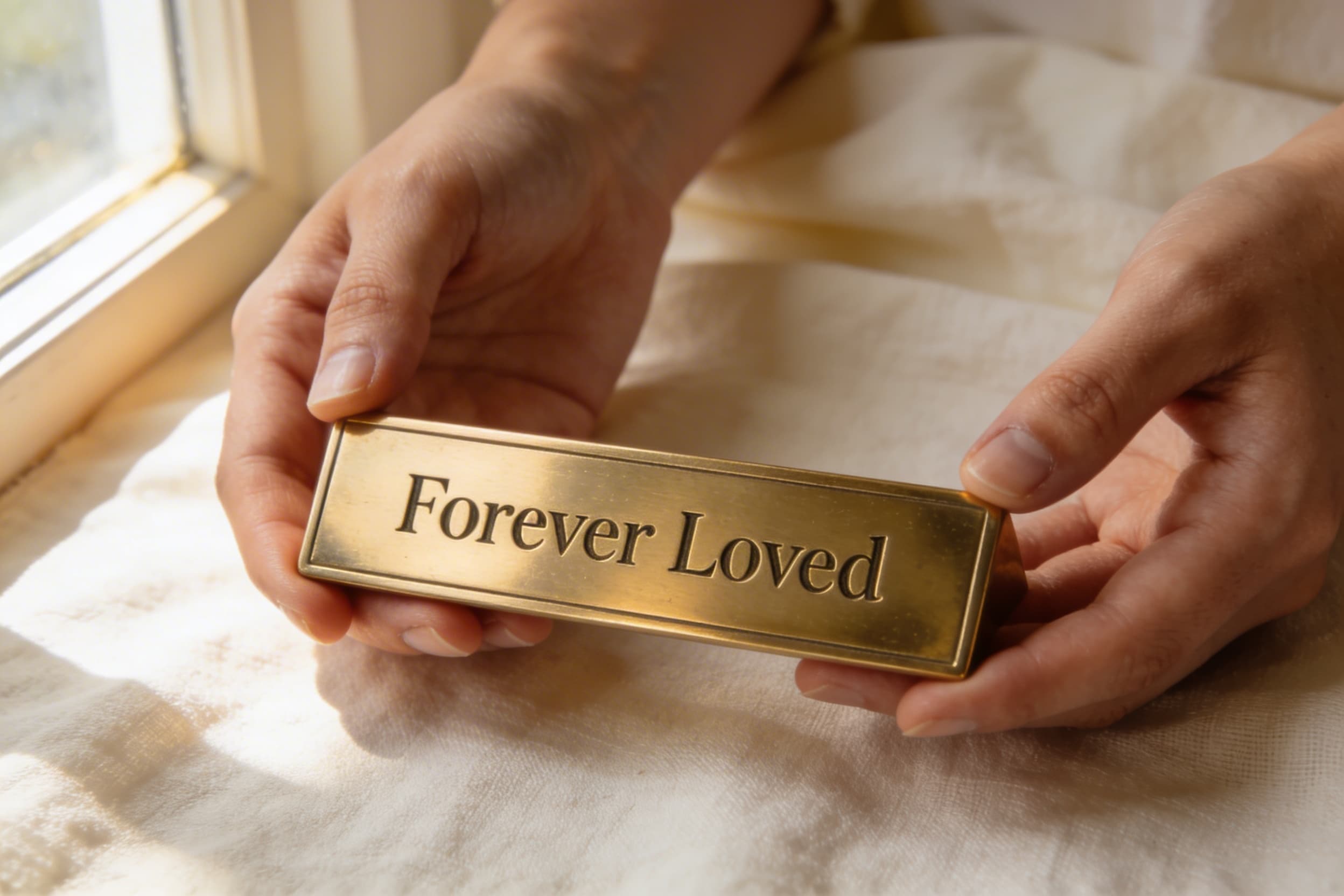 A pair of hands holding a small polished brass memorial plaque engraved with the words Forever Loved against a soft cream fabric background
