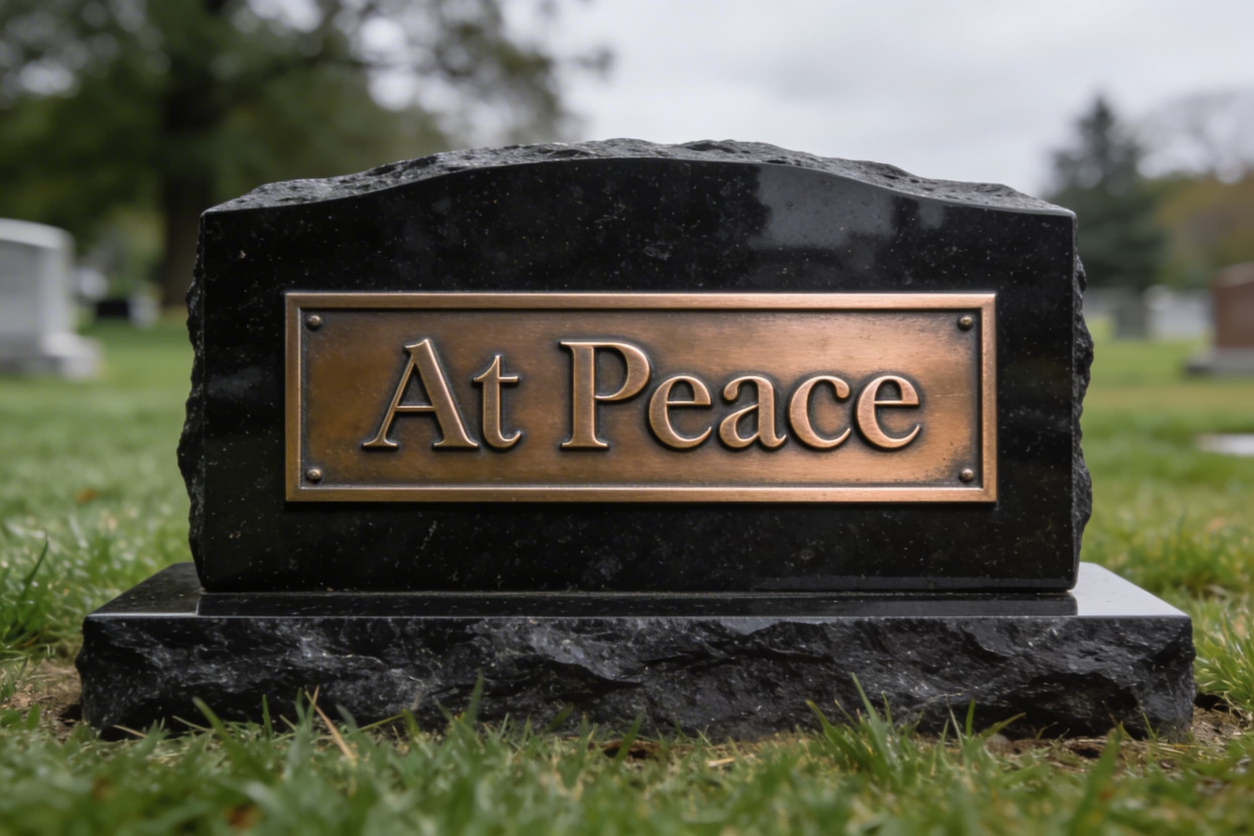 A bronze memorial plaque with raised lettering mounted on a polished black granite headstone base in a quiet cemetery with green grass