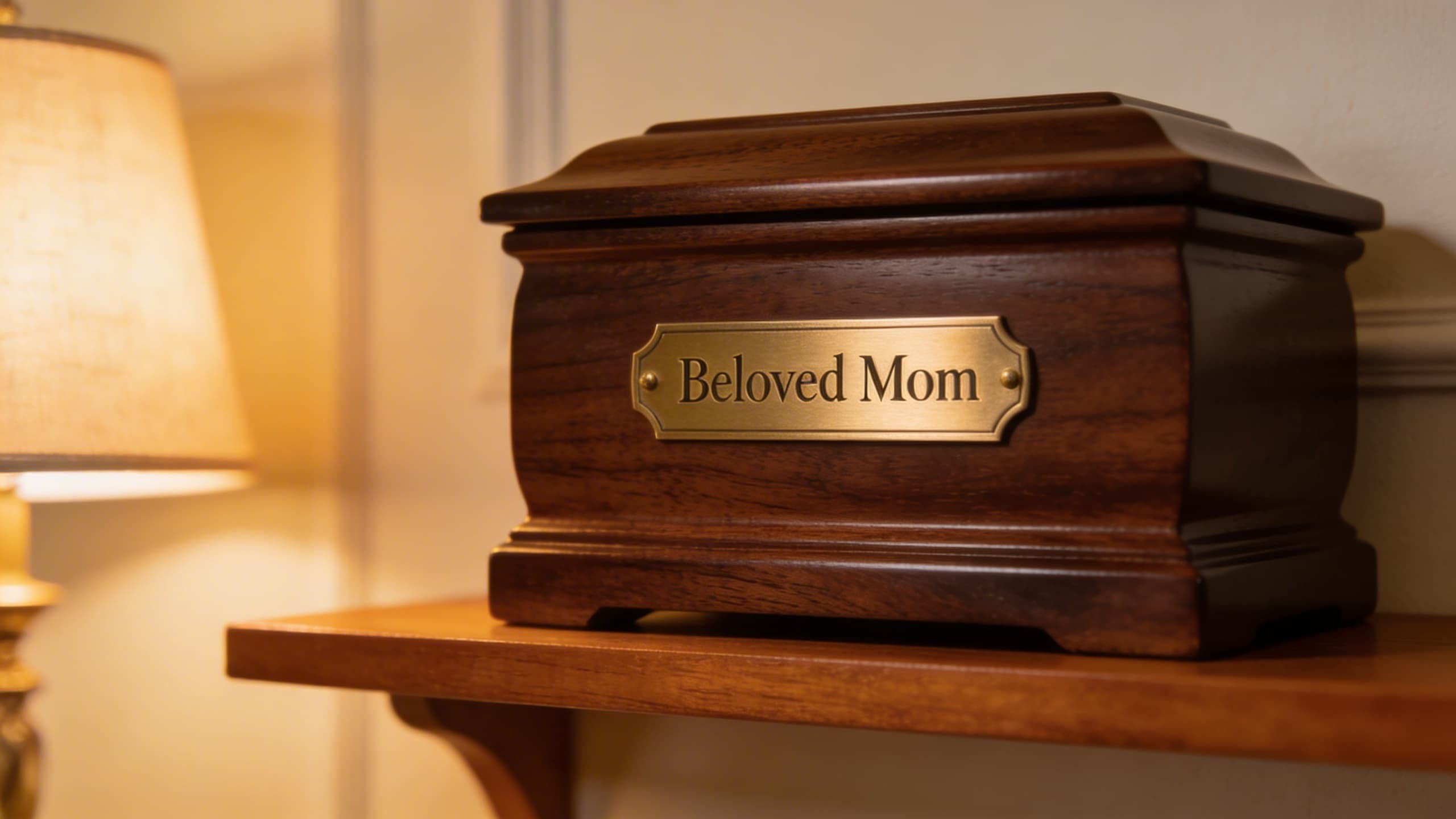 A polished wooden cremation urn with an engraved brass nameplate that reads Beloved Mom displayed on a shelf with soft warm lighting