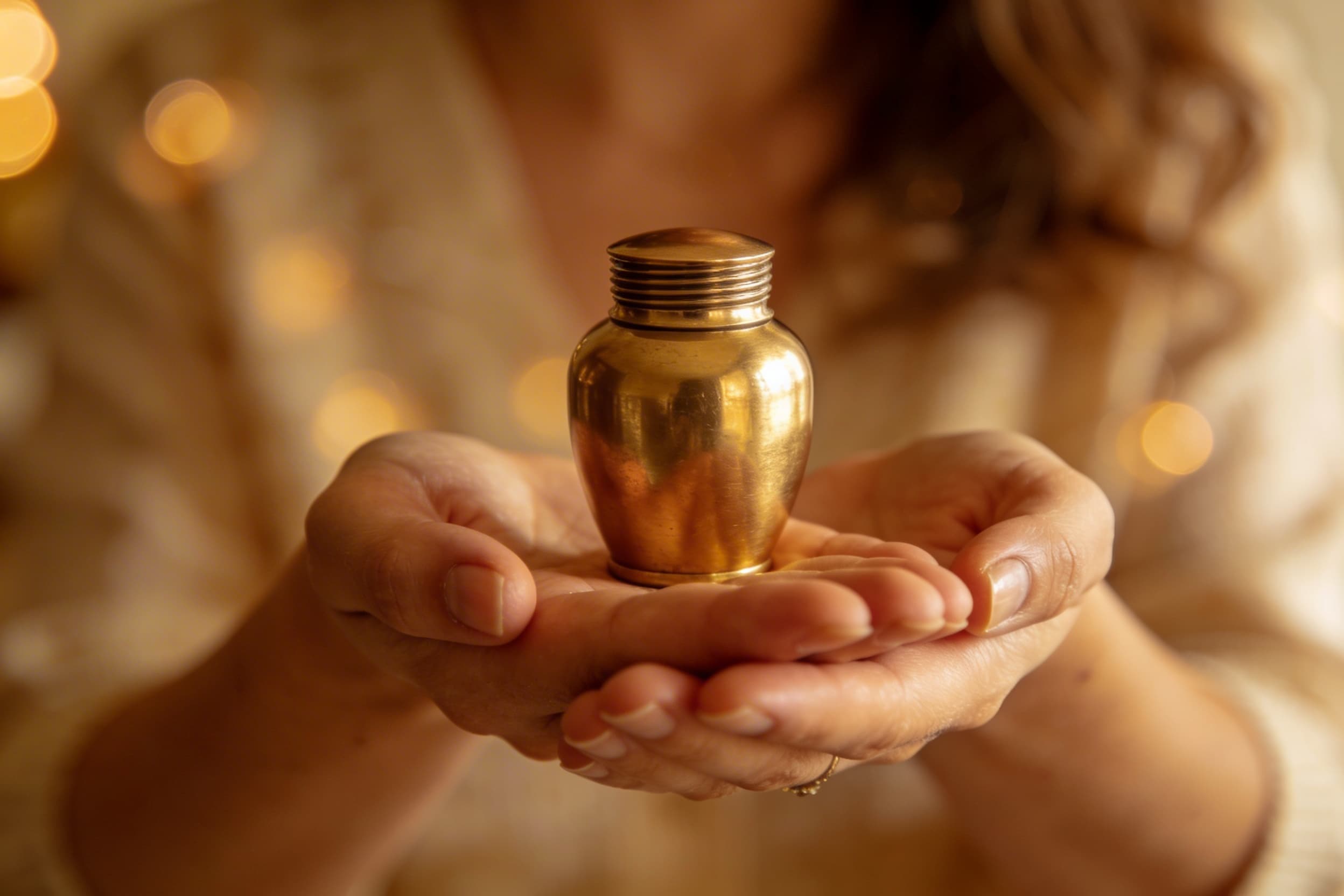 A person's hands gently holding a small brass keepsake urn with engraved text against a warm blurred indoor background
