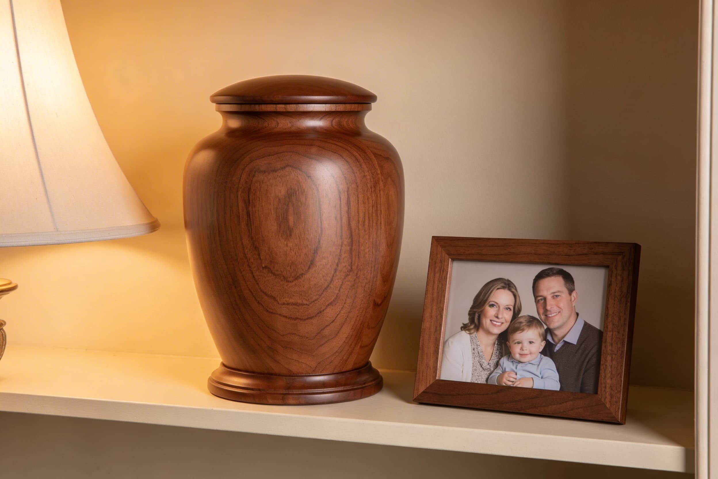 A walnut wood cremation urn displayed on a home shelf beside a framed family photograph with soft warm lamplight in the background