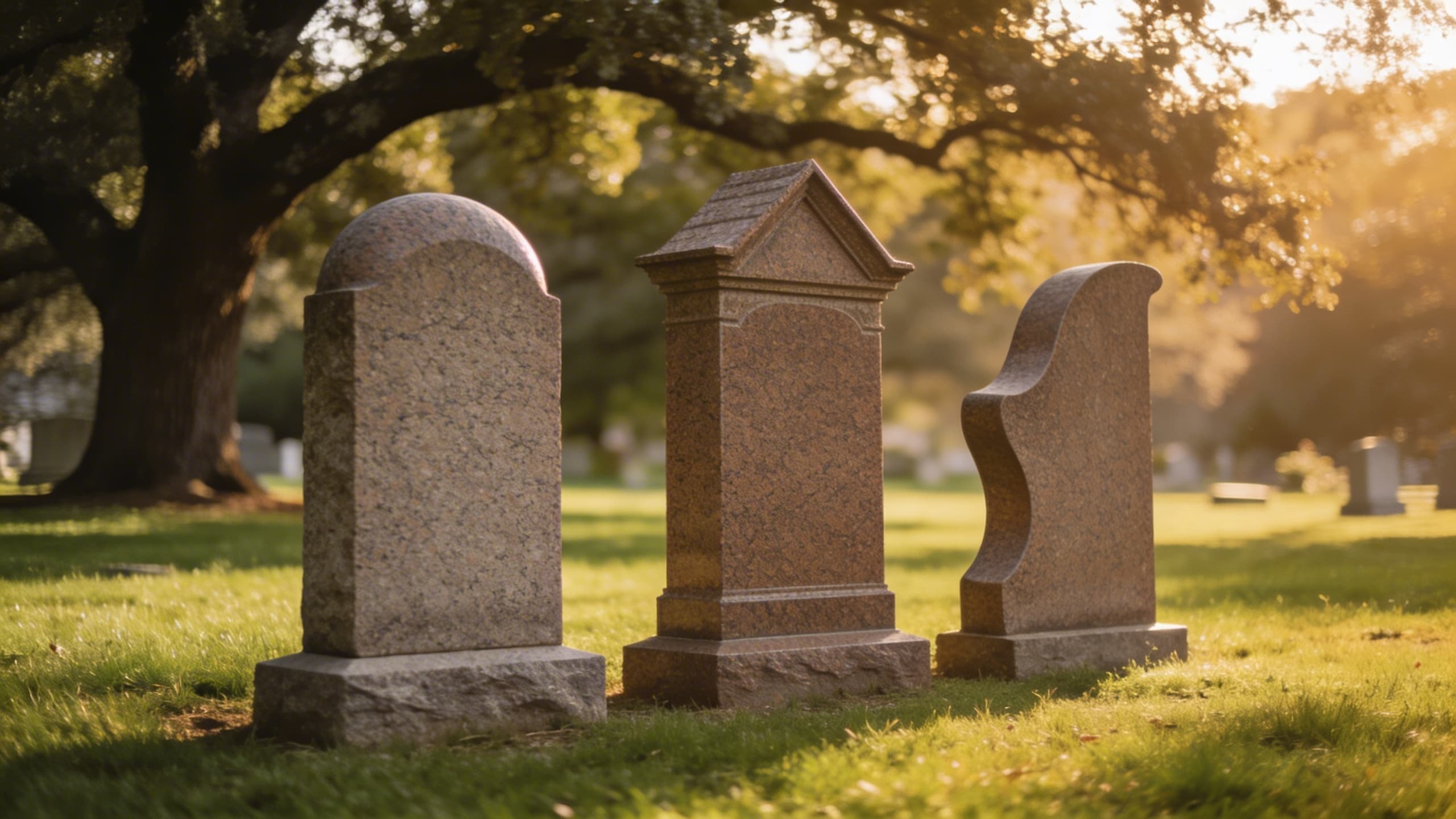A row of granite headstones in a peaceful cemetery setting bathed in warm golden hour sunlight