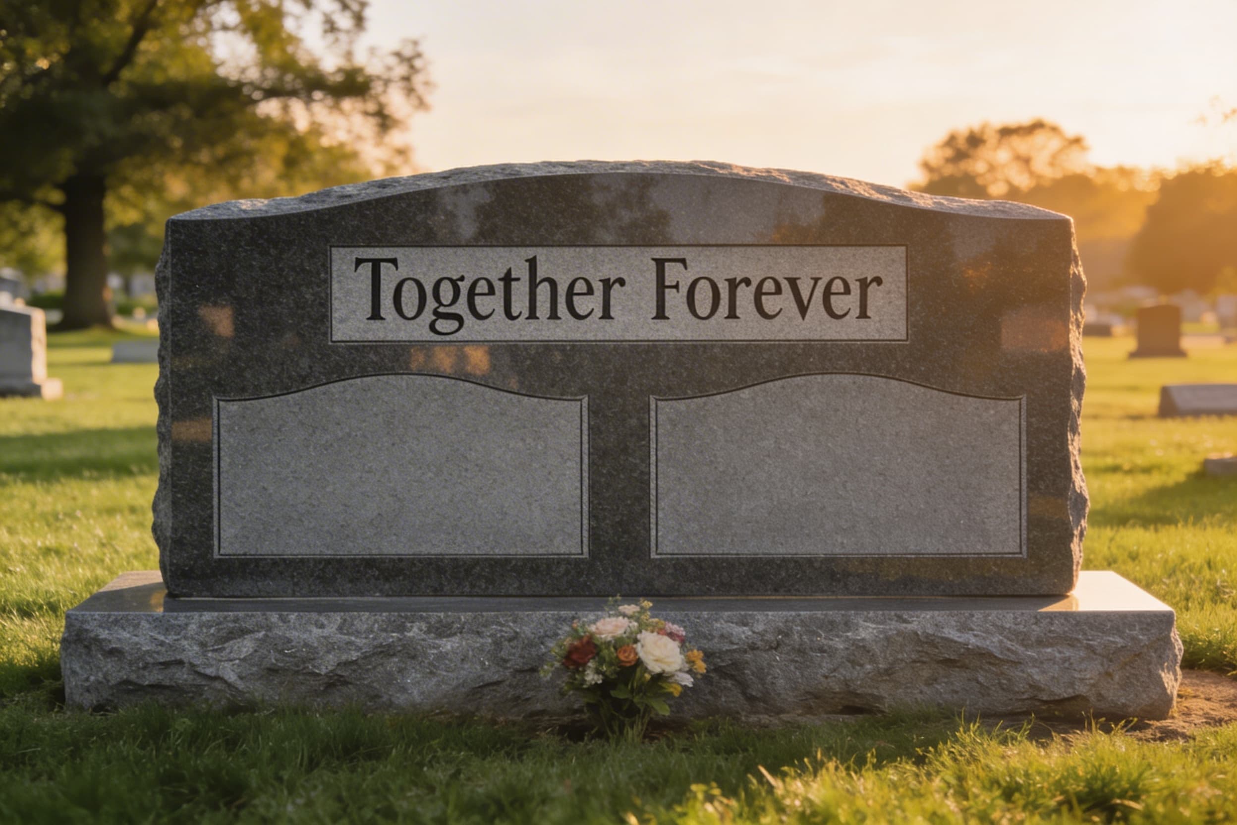 A wide companion double granite headstone with engraved text that reads exactly "Together Forever" with a small bouquet of flowers in front on a green cemetery lawn