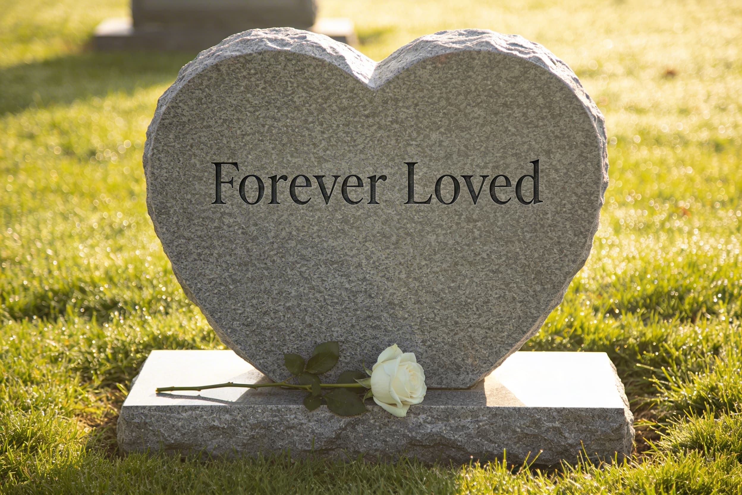 A heart-shaped granite headstone with engraved text that reads exactly "Forever Loved" in elegant serif font on a green cemetery lawn