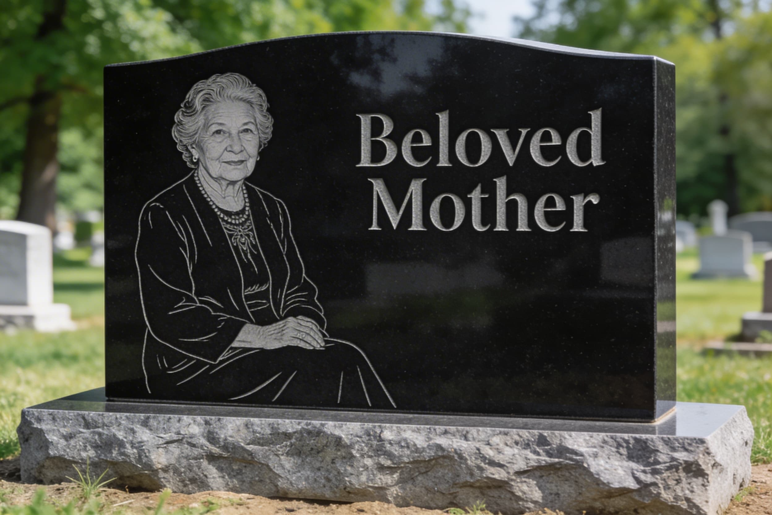 A polished black granite headstone with a laser-etched portrait and engraved text that reads exactly "Beloved Mother" in serif font in a quiet cemetery