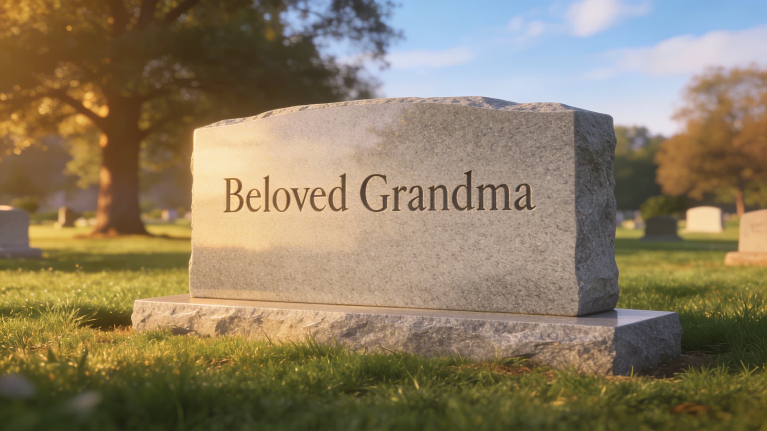 A polished granite headstone with the engraved inscription Beloved Grandma in a peaceful cemetery with green grass and soft sunlight
