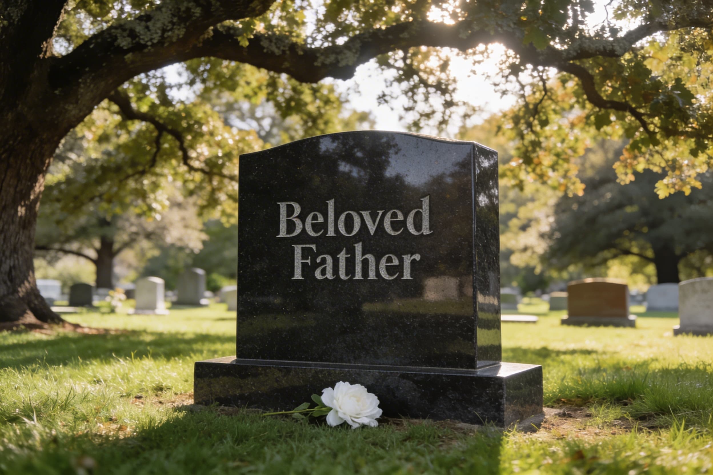 A dark granite headstone engraved with the words Beloved Father in a serene cemetery setting surrounded by mature trees and soft afternoon light