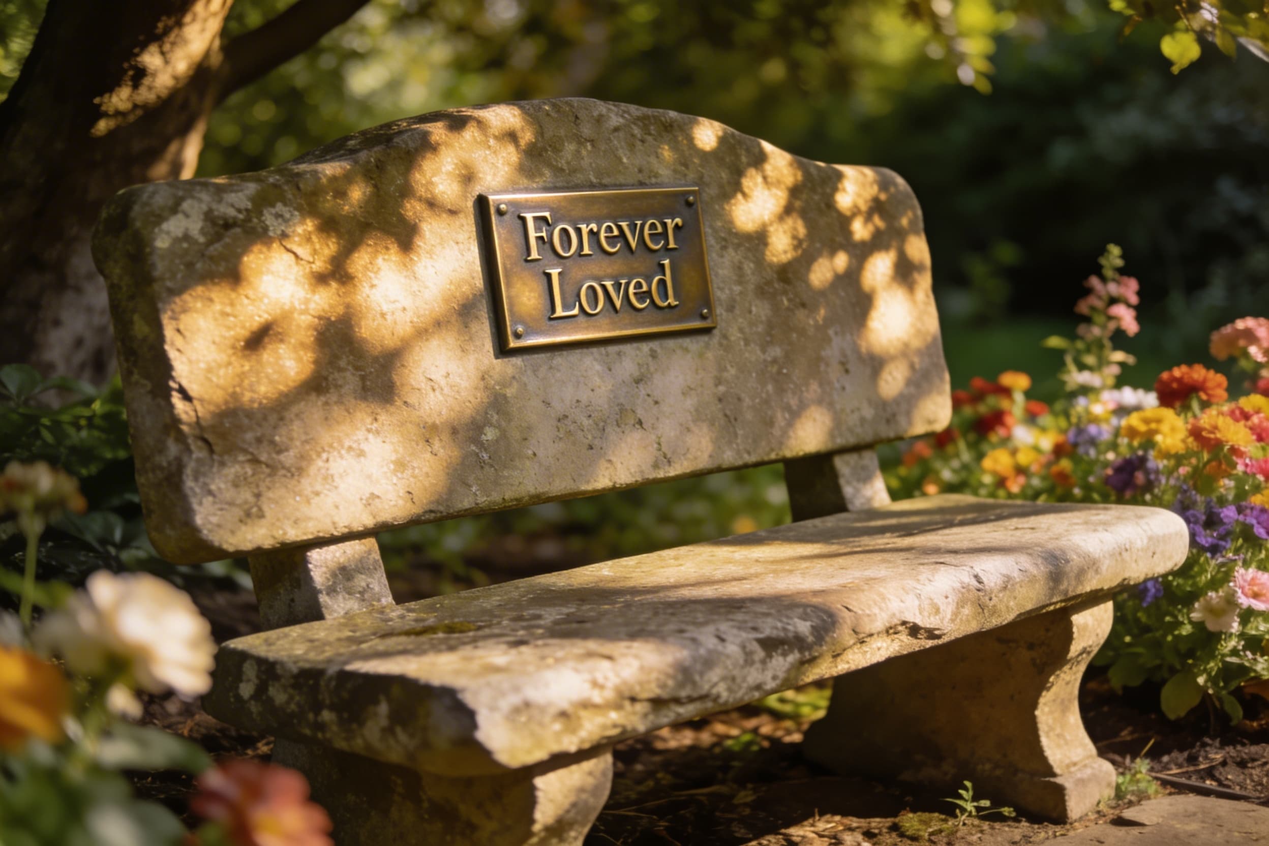 A weathered stone garden bench with a small bronze memorial plaque dedicated to grandparents in a quiet garden setting with flowers blooming nearby