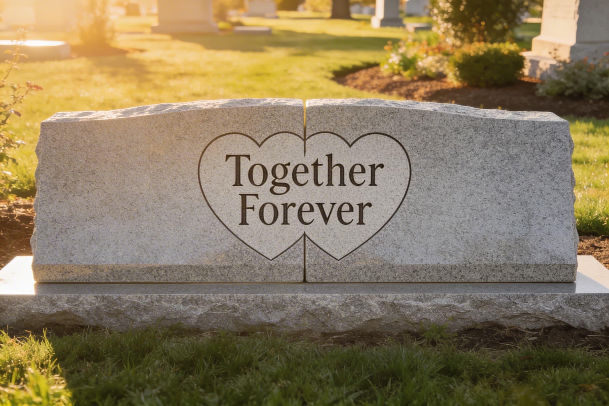 A companion granite headstone for a married couple in a well-maintained cemetery with the engraved words Together Forever and green landscaping in the background