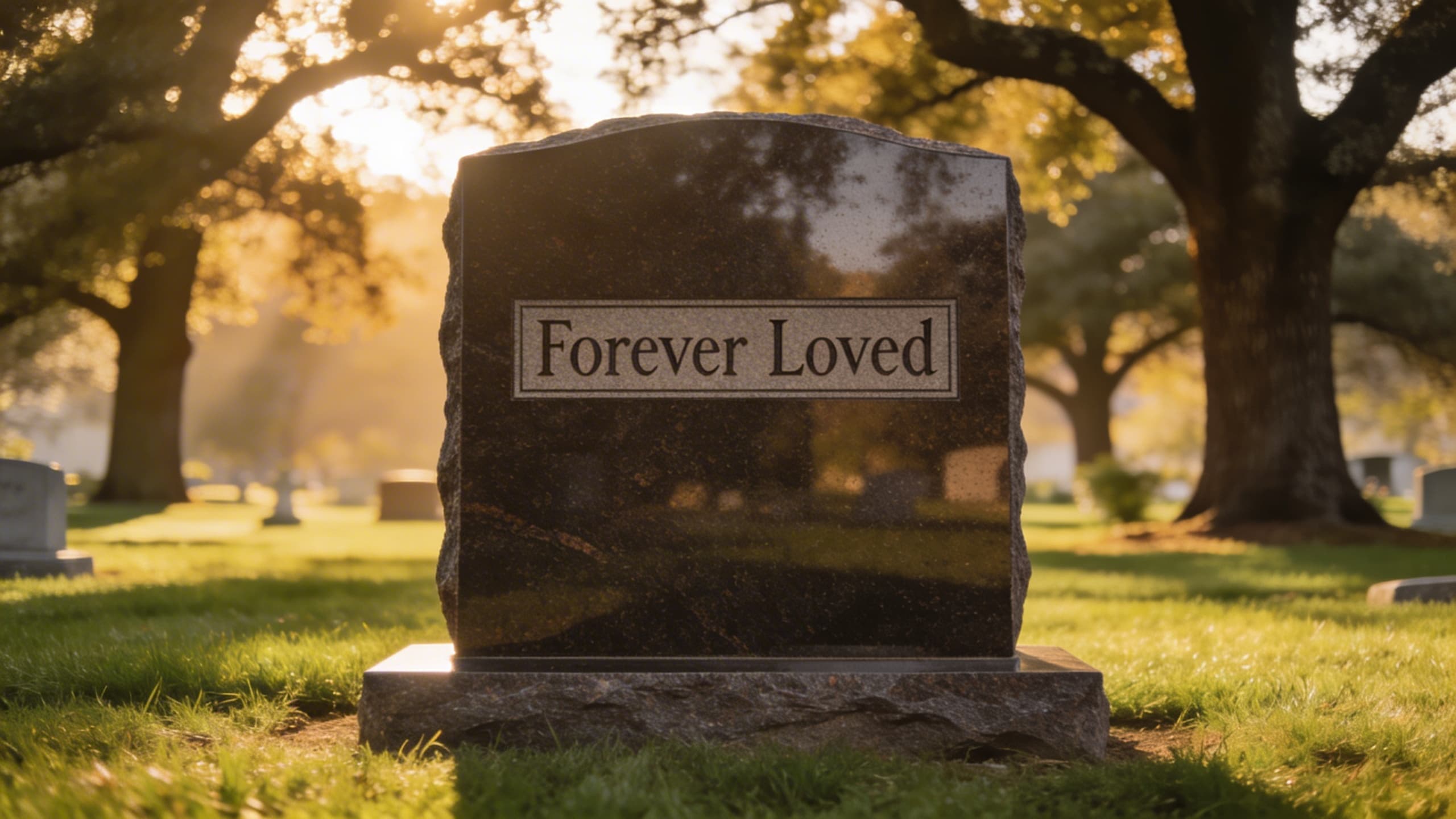 A weathered granite headstone in a peaceful cemetery with engraved text visible on the polished face, soft morning light filtering through trees