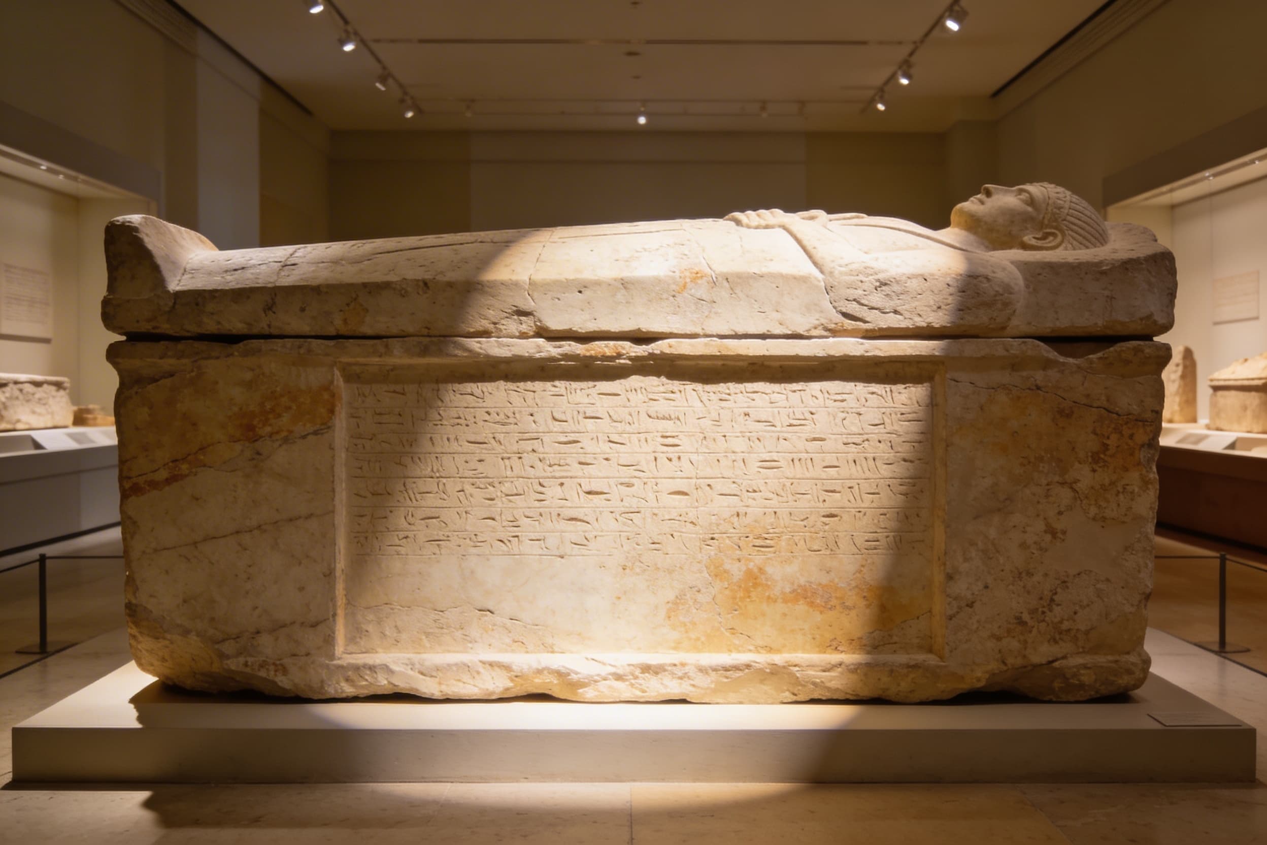 A weathered ancient stone sarcophagus with faded carved inscription visible on the front panel, displayed in a museum setting with soft directional lighting