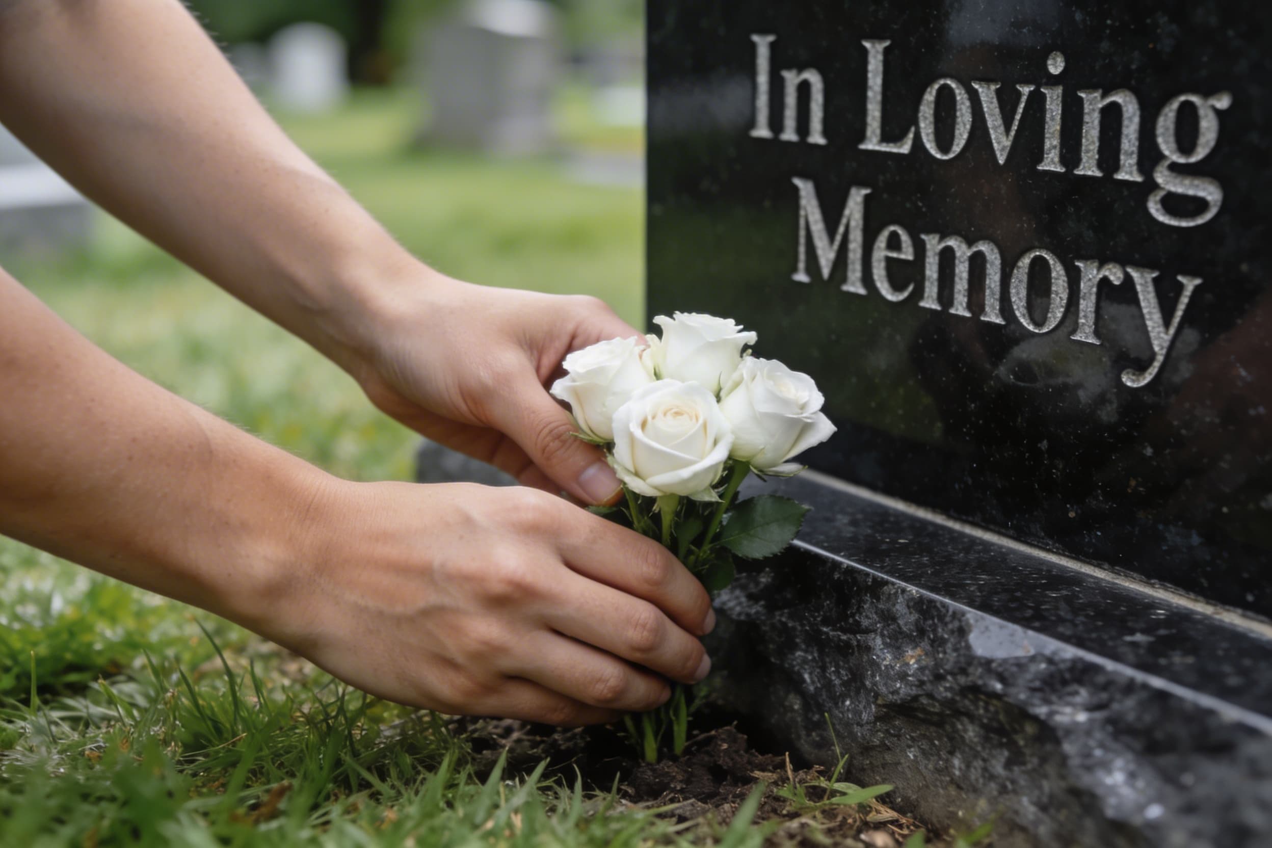 A person's hands gently placing a small bouquet of white flowers at the base of a polished granite headstone in a serene cemetery setting